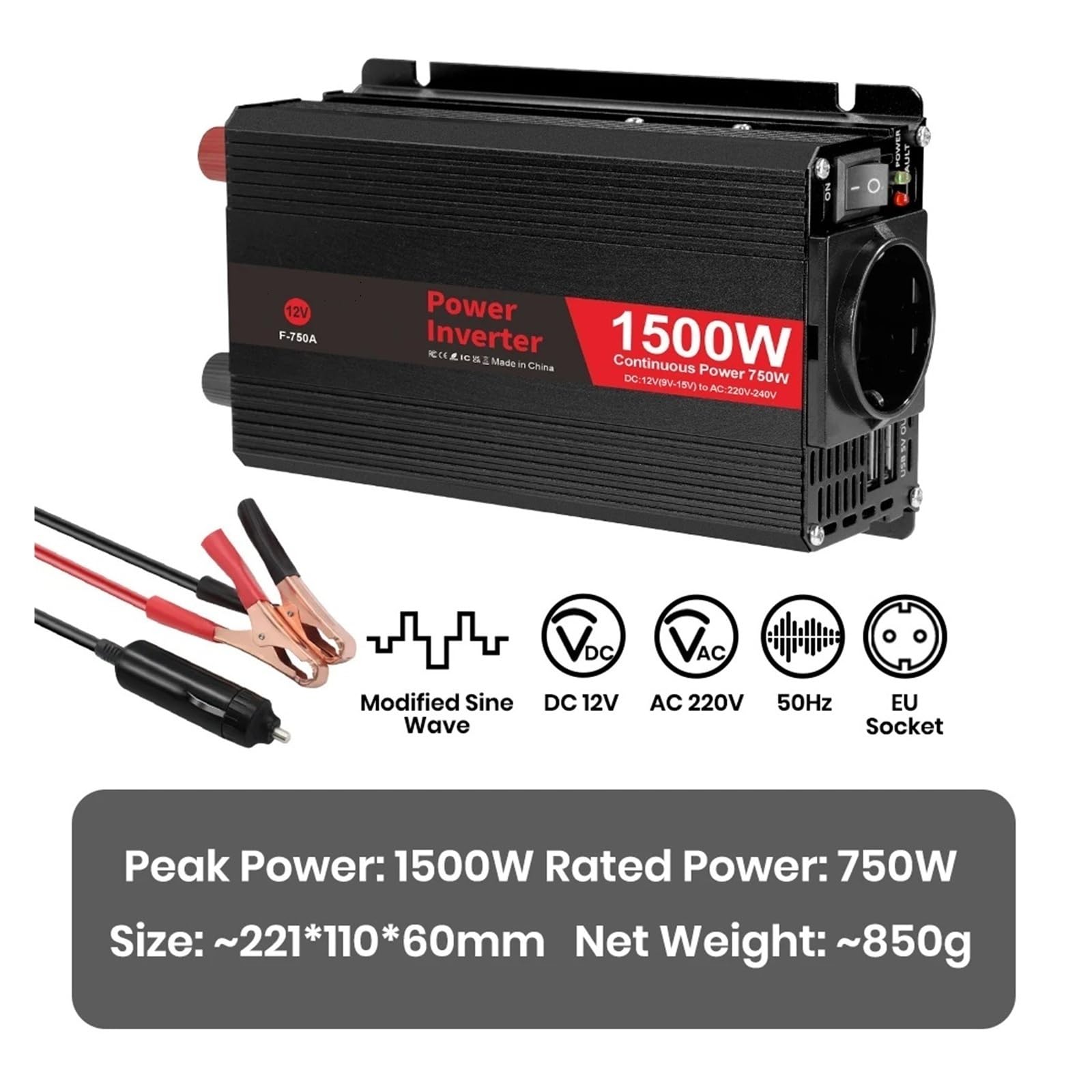 Inversor Potencia Convertidor Inversor Coche 12V 220V Potencia 500W/1500W/2000W/2600W/3000W Enchufe Europeo Automático Voltios Transformador Solar Convertidor(12V 220V 2000W)