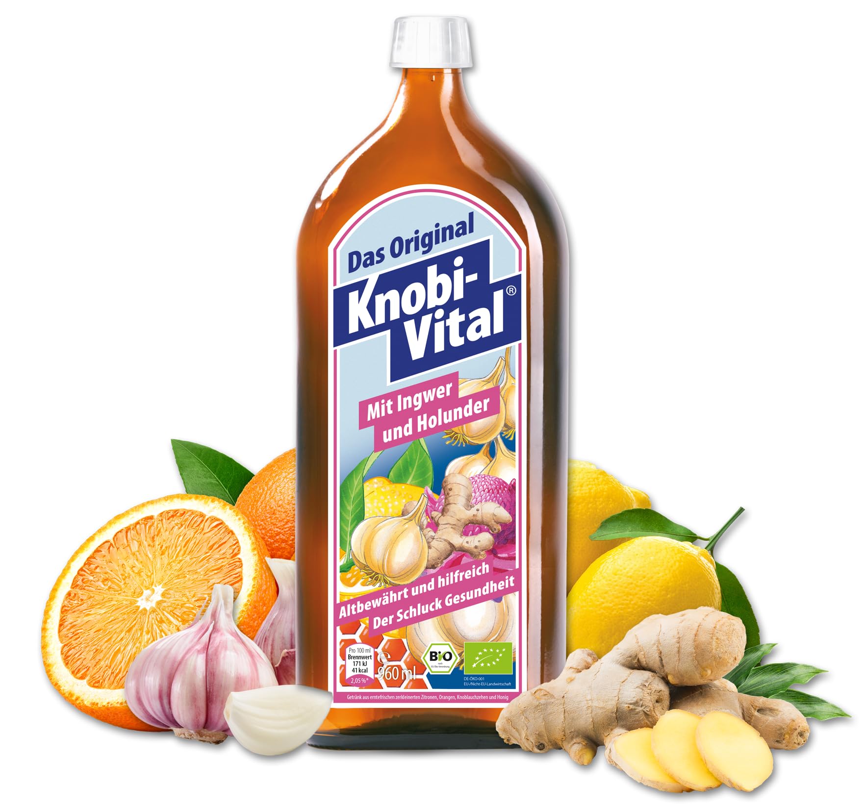 KnobiVital mit Kurkuma & Holunder Bio (3+1 Aktion: 4x960 ml) | Hochkonzentrierter Knoblauchsaft mit Kalium für normalen Blutdruck | Natürlich & ohne Zusätze