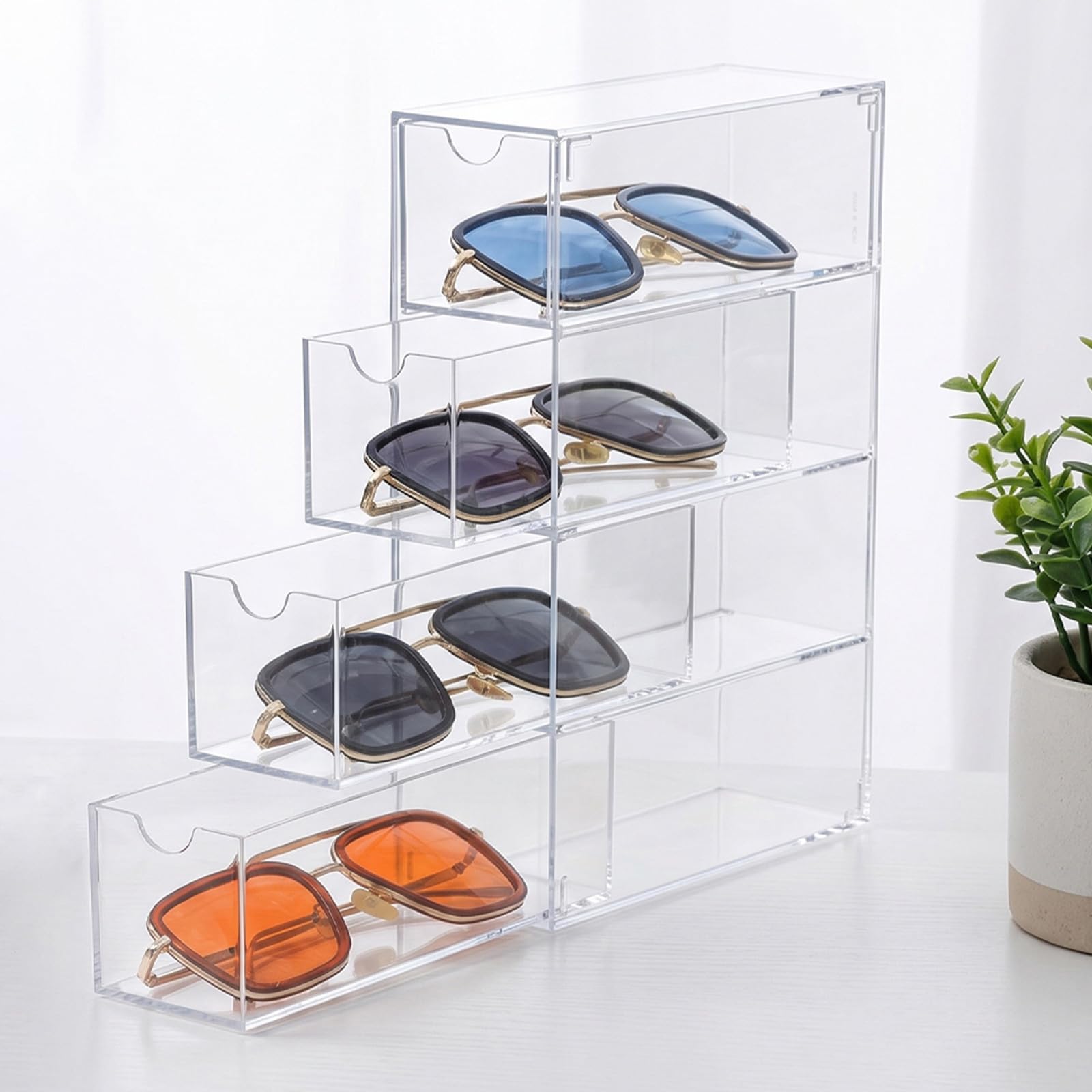 VICASKY 3 Stück Acrylbrillen Aufbewahrungsbox mit 4 Schubladen Transparentes Design für Organisierten Schutz und Stabile Lagerung von Sonnen und Lesebrillen im Einzelhandel