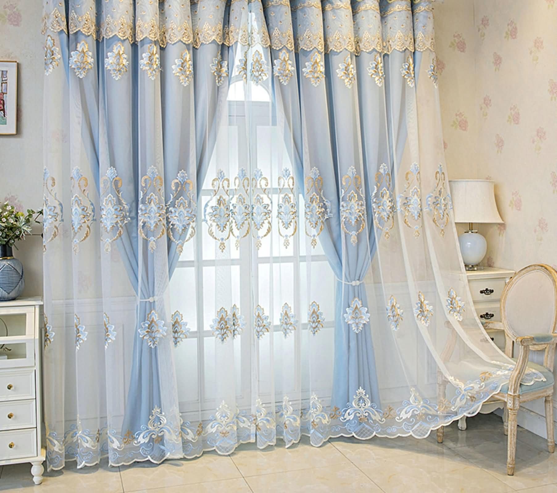 Tende Interno con Ganci, 2 x 102W x 183H CM,Tende Oscuranti Salotto 2 Pezzi Doppio Strato con Modello Pizzo Ricamo Tenda con da Interno Blu