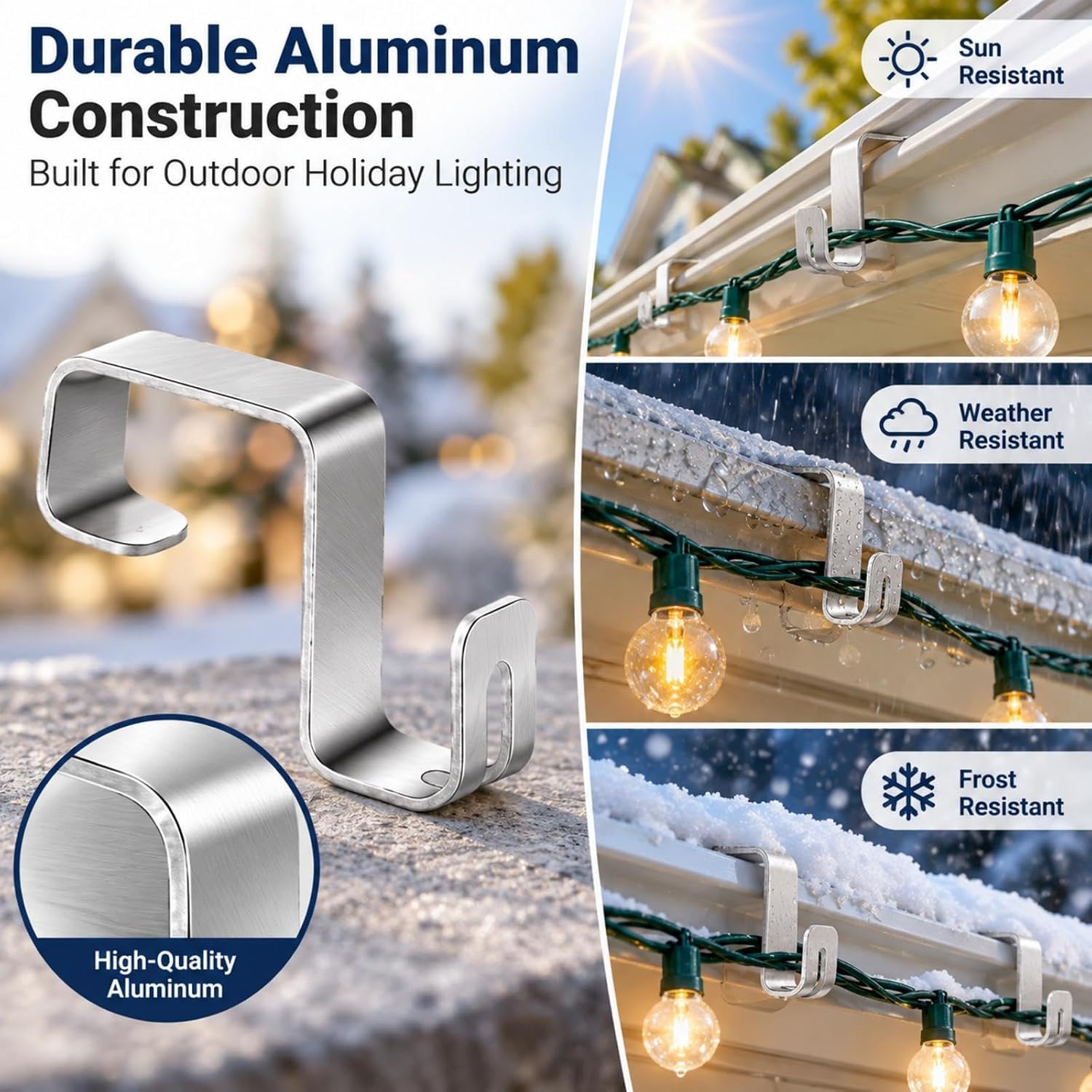 100 Pcs Gutter Light Clips for Outdoor, Christmas Light Hooks, Silver