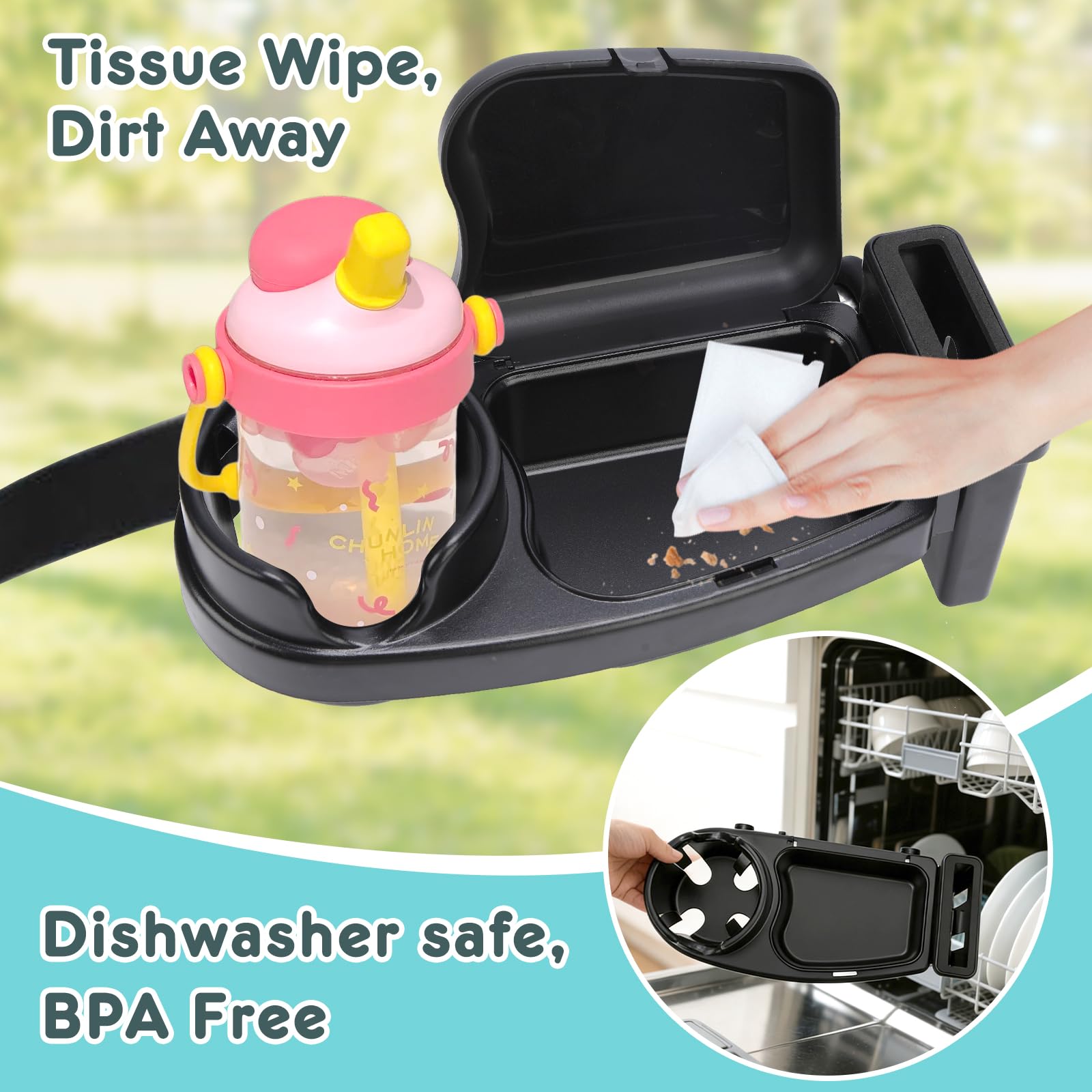Plateau à goûter pour poussette compatible avec Joie, plateau à goûter 3 en 1 avec couvercle et porte-gobelet pour poussette, design antidérapant amovible, accessoires de poussette en ABS
