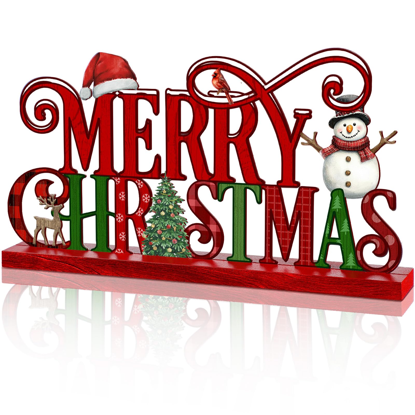 Cinnvoice 11.8 Inch Merry Christmas Sign, Red Green Christmas Table Decor