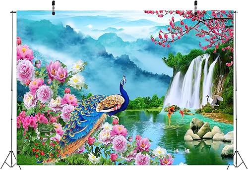 Miniatura 2 de BELECO Telón pintoresco de tela de 5 x 3 pies con niebla montañas cascadas naturaleza país de las maravillas flores florecientes pavo real peces