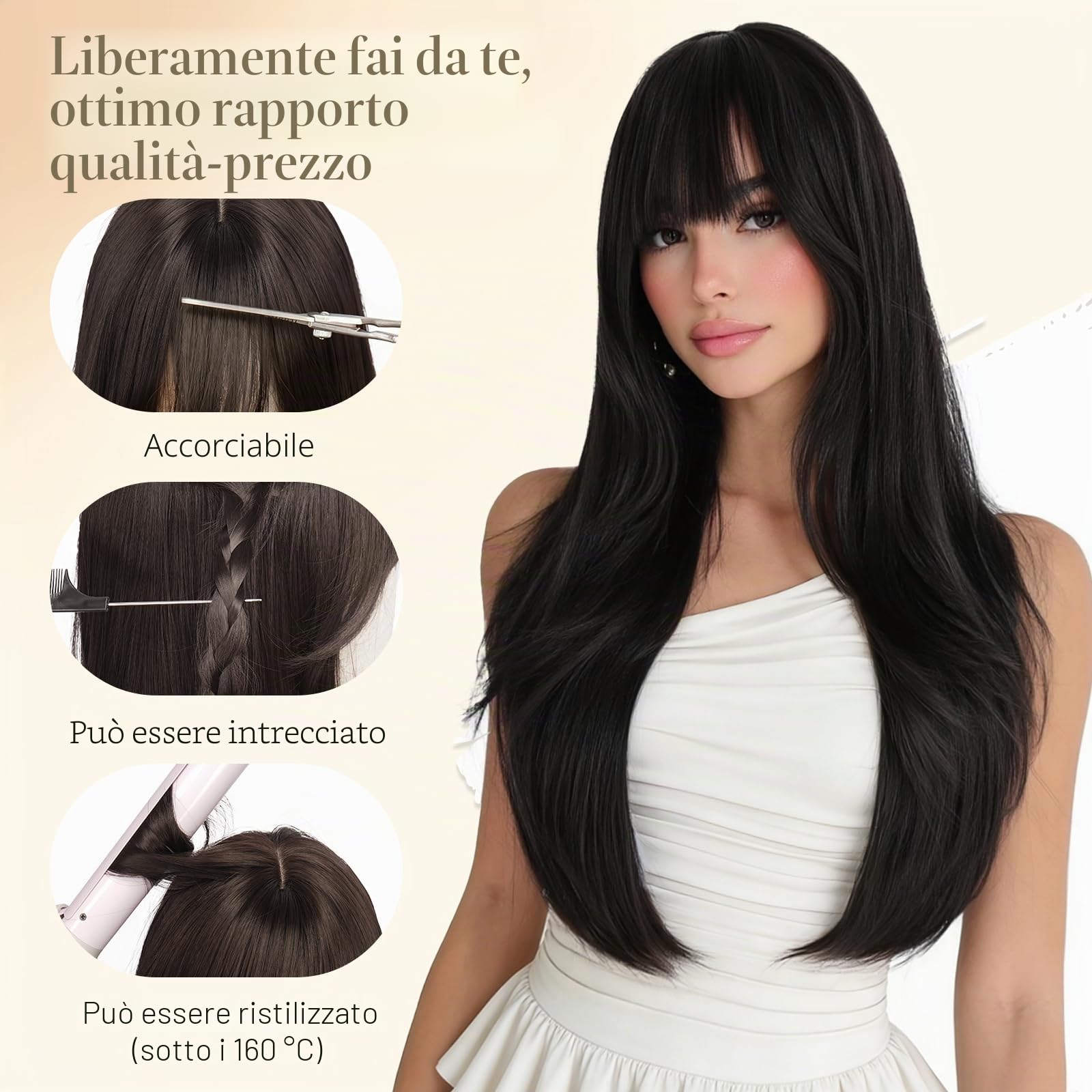 Sofeiyan Parrucca Marrone Scuro con Riflessi Cenere-Oro Lunga con Frangia,65 cm Parrucca Capelli Lisci per Donna,Capelli in Fibra Sintetica Naturale,Parrucche a Strati per Quotidiano Feste Cosplay