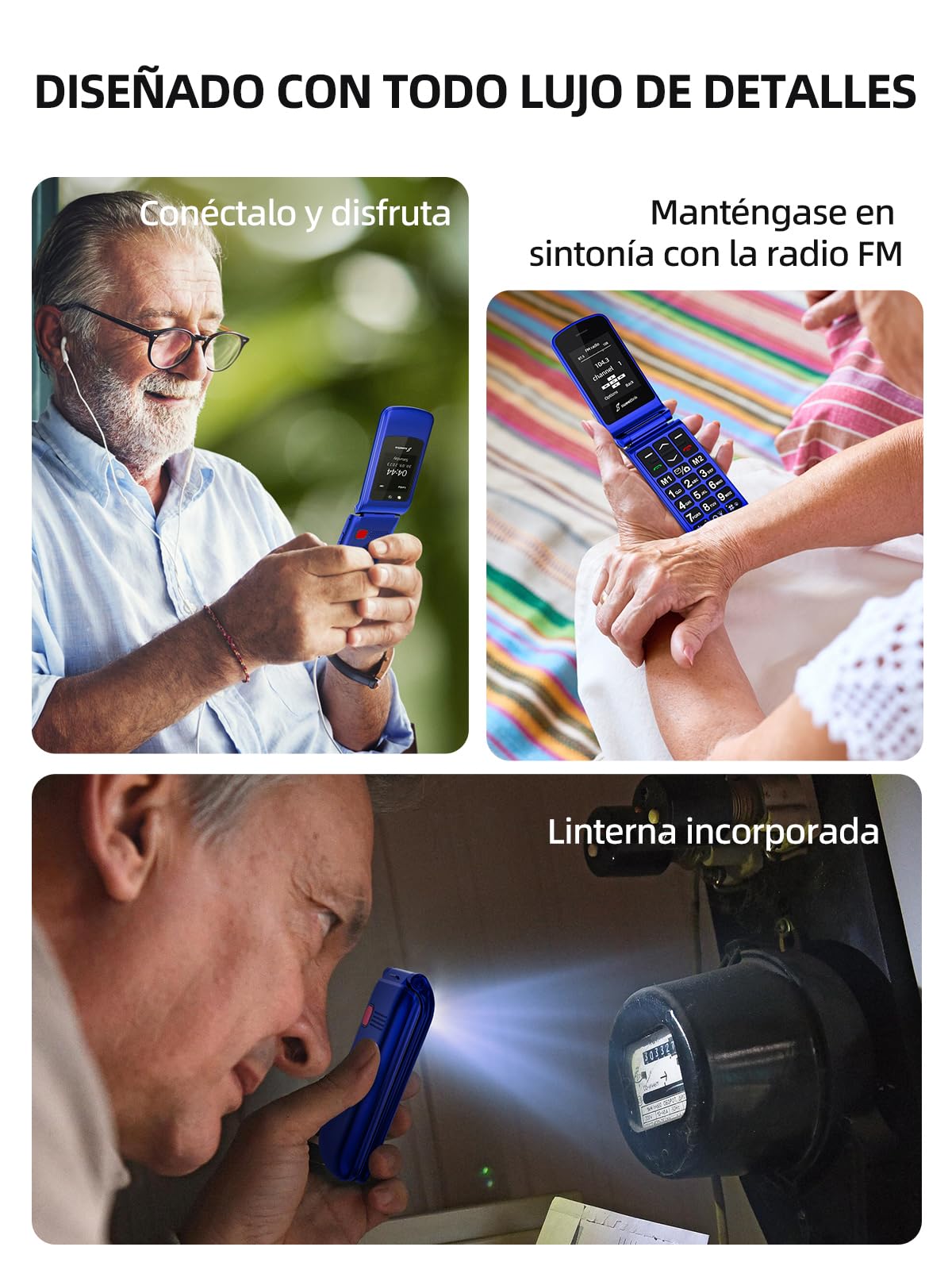 SweetLink F2 Teléfono Móvil para Personas Mayores, con Tapa de Teclas Grandes y Volumen Alto, Botón SOS, Contactos con Imágenes, USB-C, Doble SIM, Pantalla 2,4", FM Radio, Azul