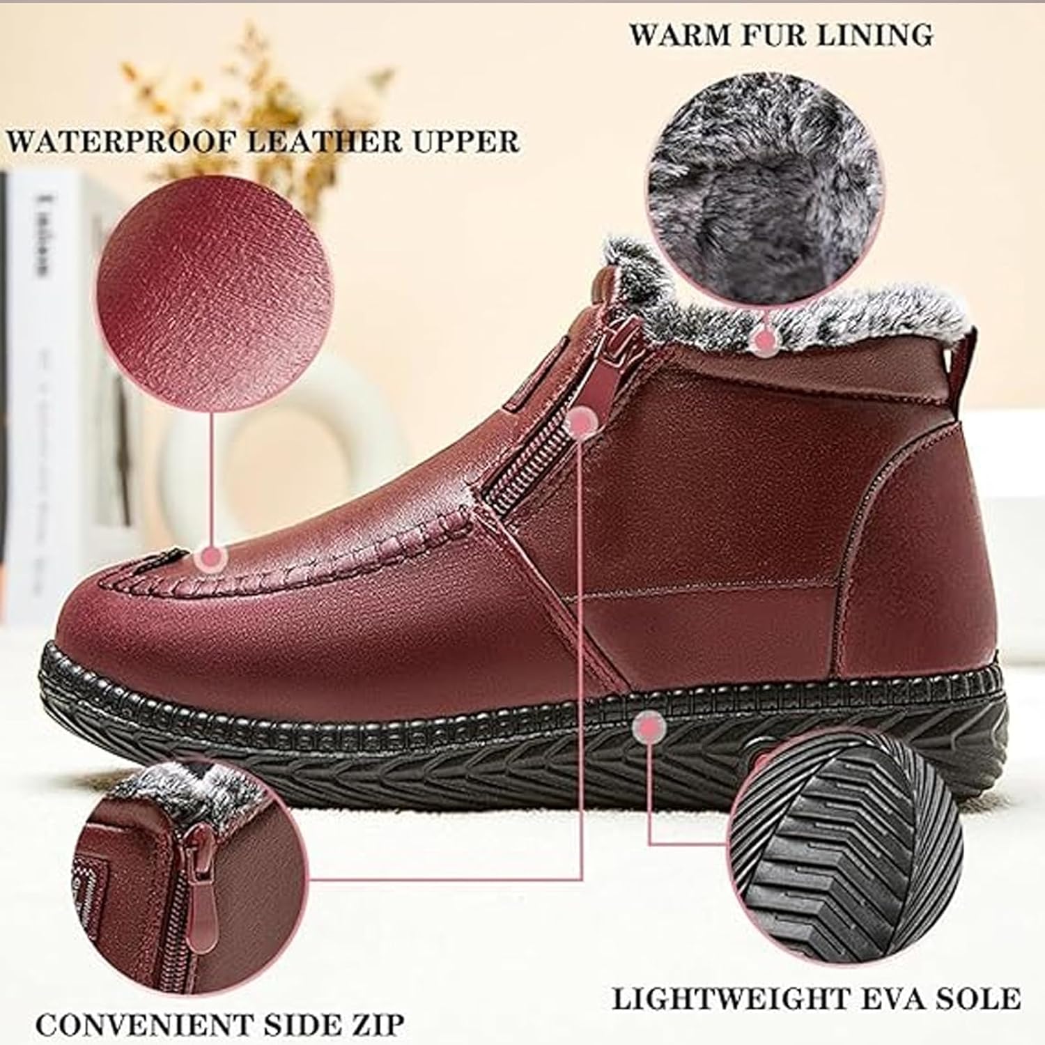 Women's Winter Waterproof Non-Slip Thick Plush Fur Lined Ankle Snow Boots,Mama Cotton Leather Shoes with Zipper