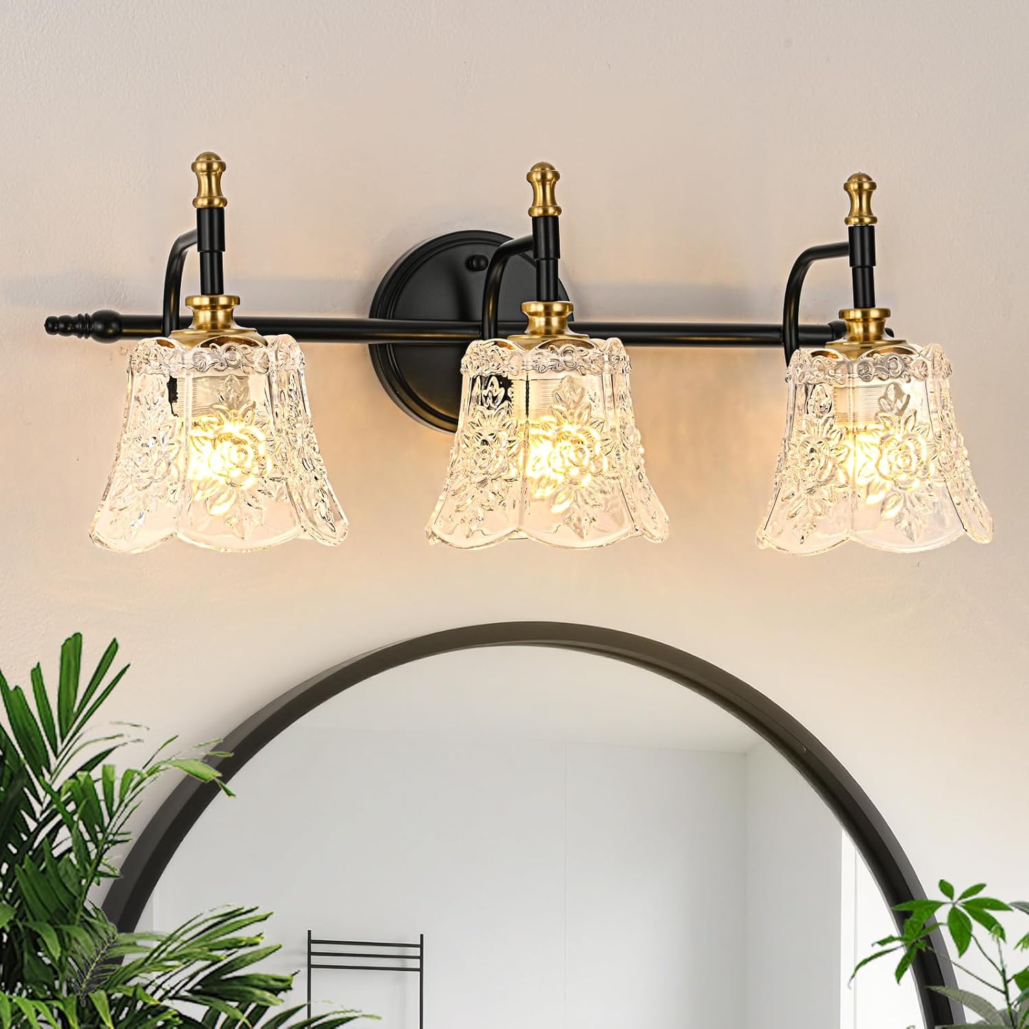 YUNICE Vintage Vanity Light Black and Gold Bathroom Vanity Light Fixtures Black Vanity Light Fixtures Over Mirror 3-Light Wall Sconce, Brushed Gold with White Glass Flower Shade