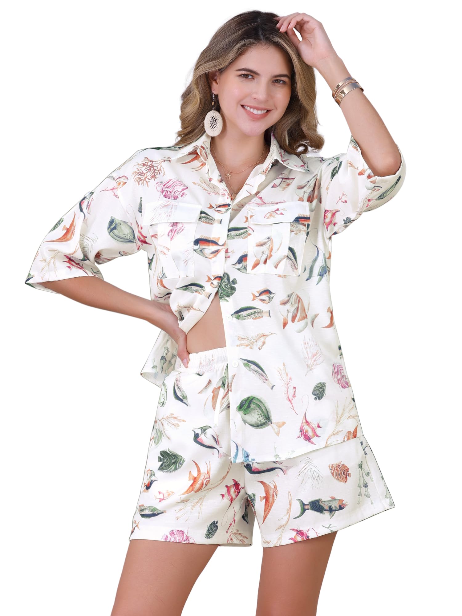 Allegra K Womens Summer 2 Piece Beach Outfits Printed Button Down Shirt and Shorts Casual Vacation Sets