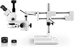 Walter Products Trinocular Zoom Stereo Microscope, 10x Widefield Eyepiece, 0.7X—4.5X Zoom Range, 7X—45x Magnification Range, Double Arm Boom Stand 5MP Digital Camera