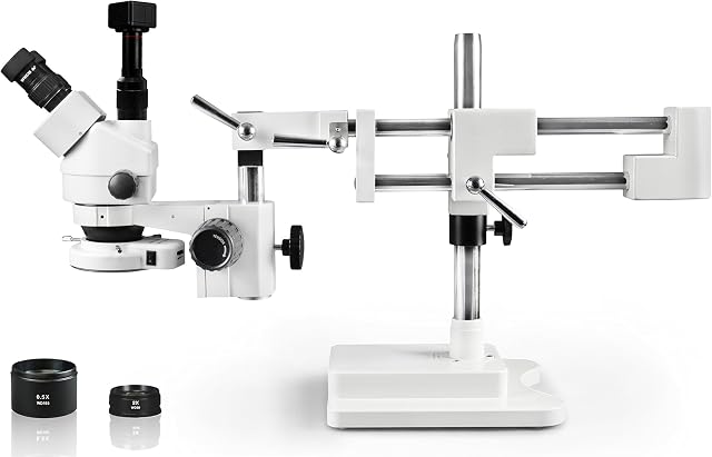 Walter Products Trinocular Zoom Stereo Microscope, 10x Widefield Eyepiece, 0.7X—4.5X Zoom Range, 7X—45x Magnification Range, Double Arm Boom Stand 5MP Digital Camera