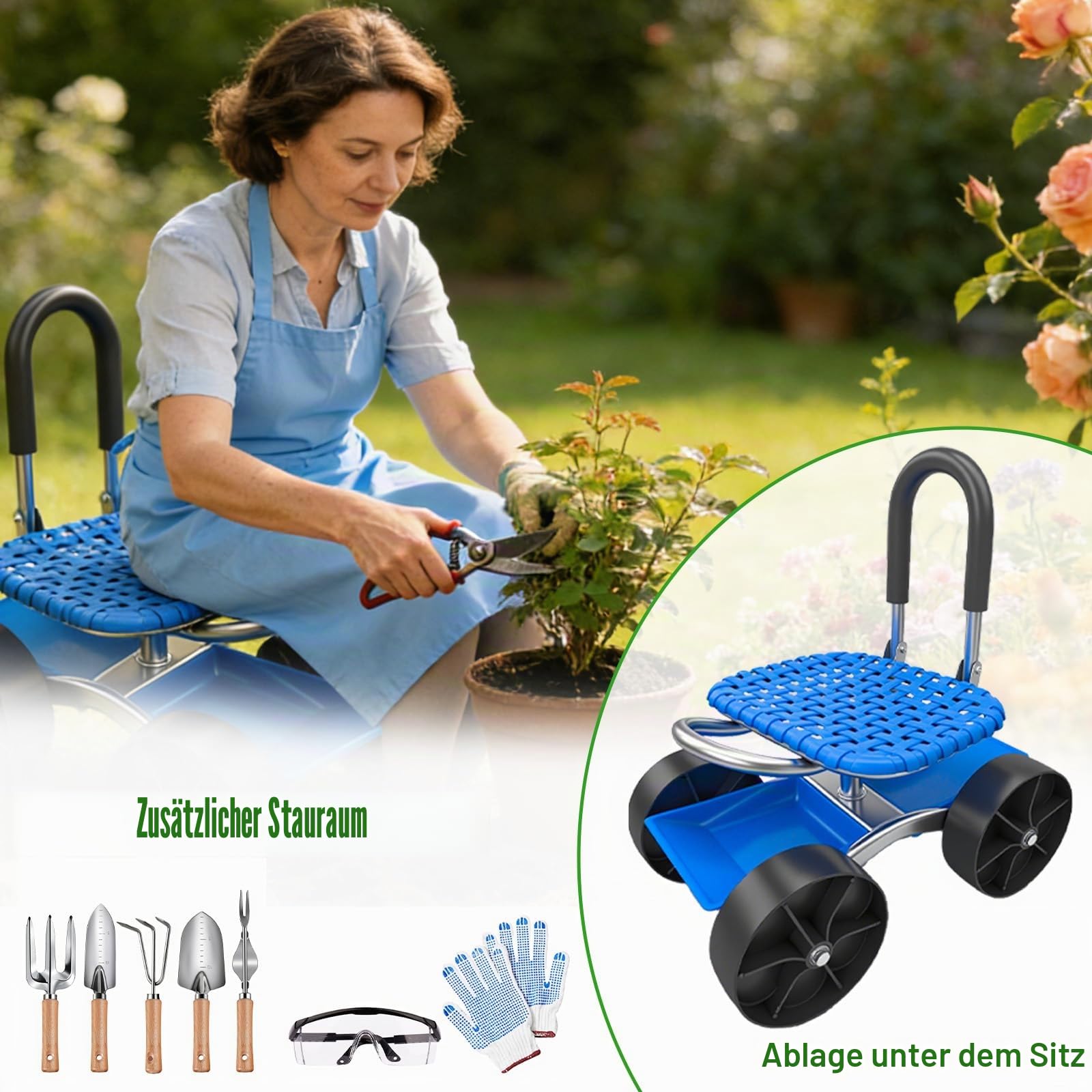 Rollender Gartenwagen, Gartensitz mit Rollen Garten Rollsitz