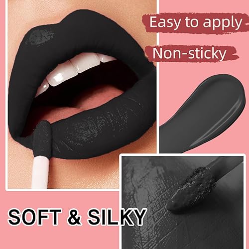 3 in 1 Black Matte Lipstick and Lip Liner Set, Liquid Lipstick Lip Gloss, Smudge Proof, Waterproof and Long Lasting for Halloween Cosplay Goth Makeup