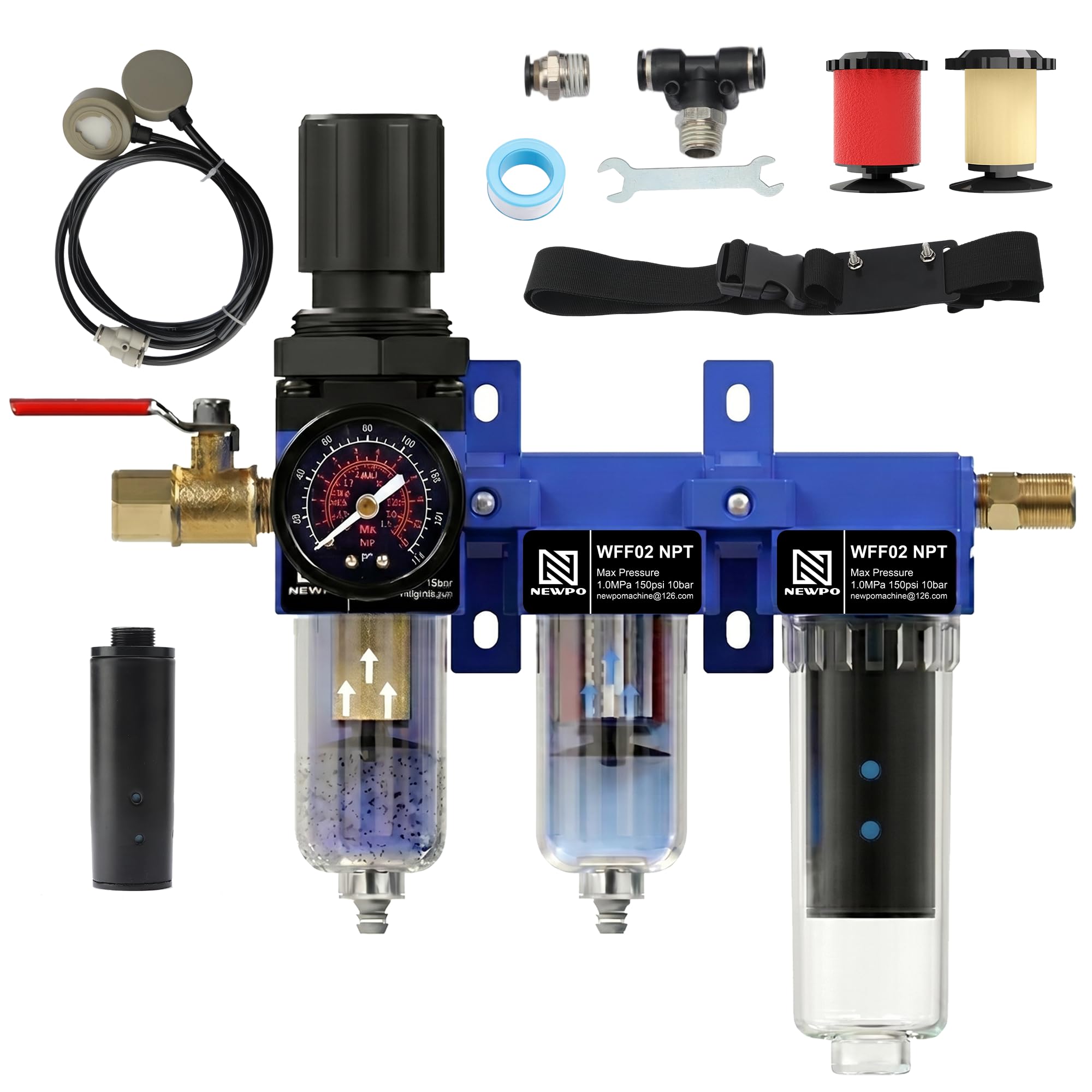 NEWPO Essiccatore d'aria NPT a 3 stadi da 0,25 pollici per compressore, separatore acqua/olio/odori con filtro a carbone attivo, regolatore combinato 150 PSI, scarico semiautomatico, sistema di