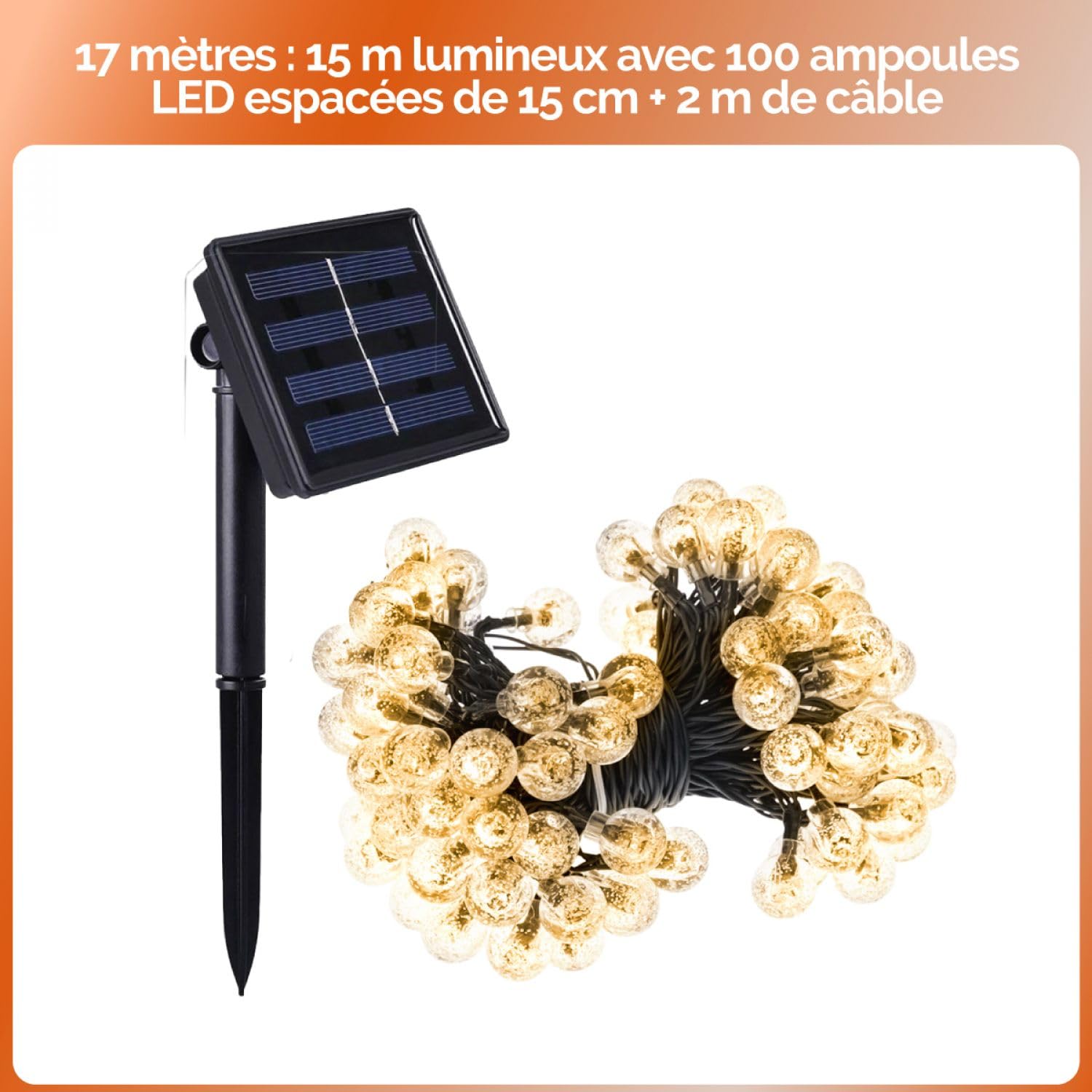Linxor - Lote de 4 guirnaldas solares exteriores luminosas para jardín o terraza - Bombillas LED grandes Ø 2,2 cm, 8 modos - 17 m - Blanco cálido