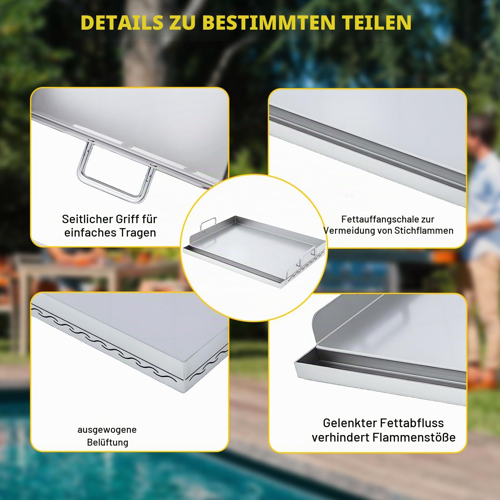 Plancha Grillplatte Edelstahl 51x32x7cm, Grillplatte Gasgrill für Holzkohle Grillwagen & Gasgrill, Antihaftbeschichtung, Fettwanne & Stabiler Aufbau