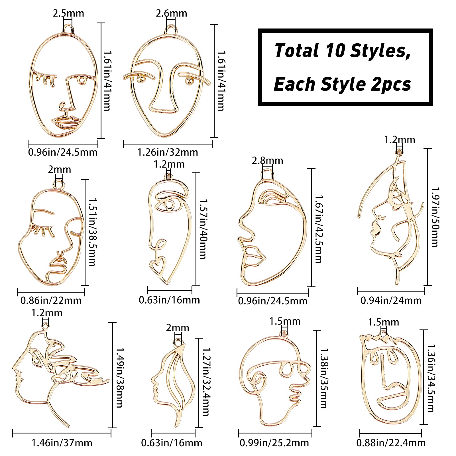 Charmes Pour Bijoux Visage Humain Abstrait - Lot De 20 Pendentifs En Alliage Doré, Formes Variées, Pour Création DIY (avec Boîte De Rangement) - 6