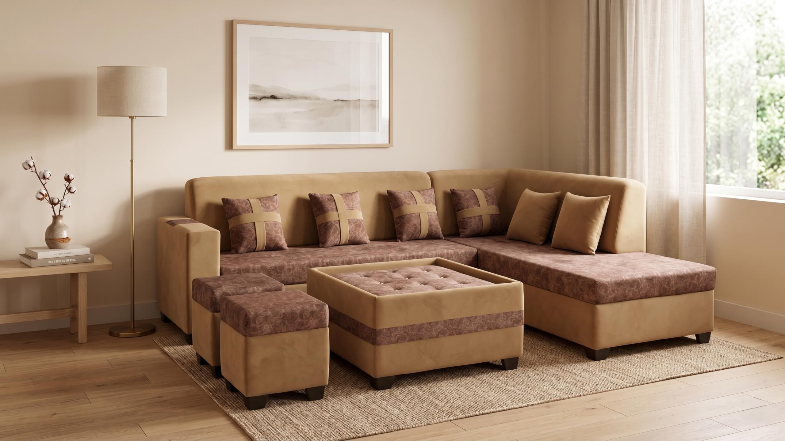 RECTART Luxe 8 Seater L-Shape Sofa Set for Living Room | Sectional Sofa with Centre Table & 2 Ottoman Stools, 6 Pillows | Modern Wooden Home Furniture |-image-29