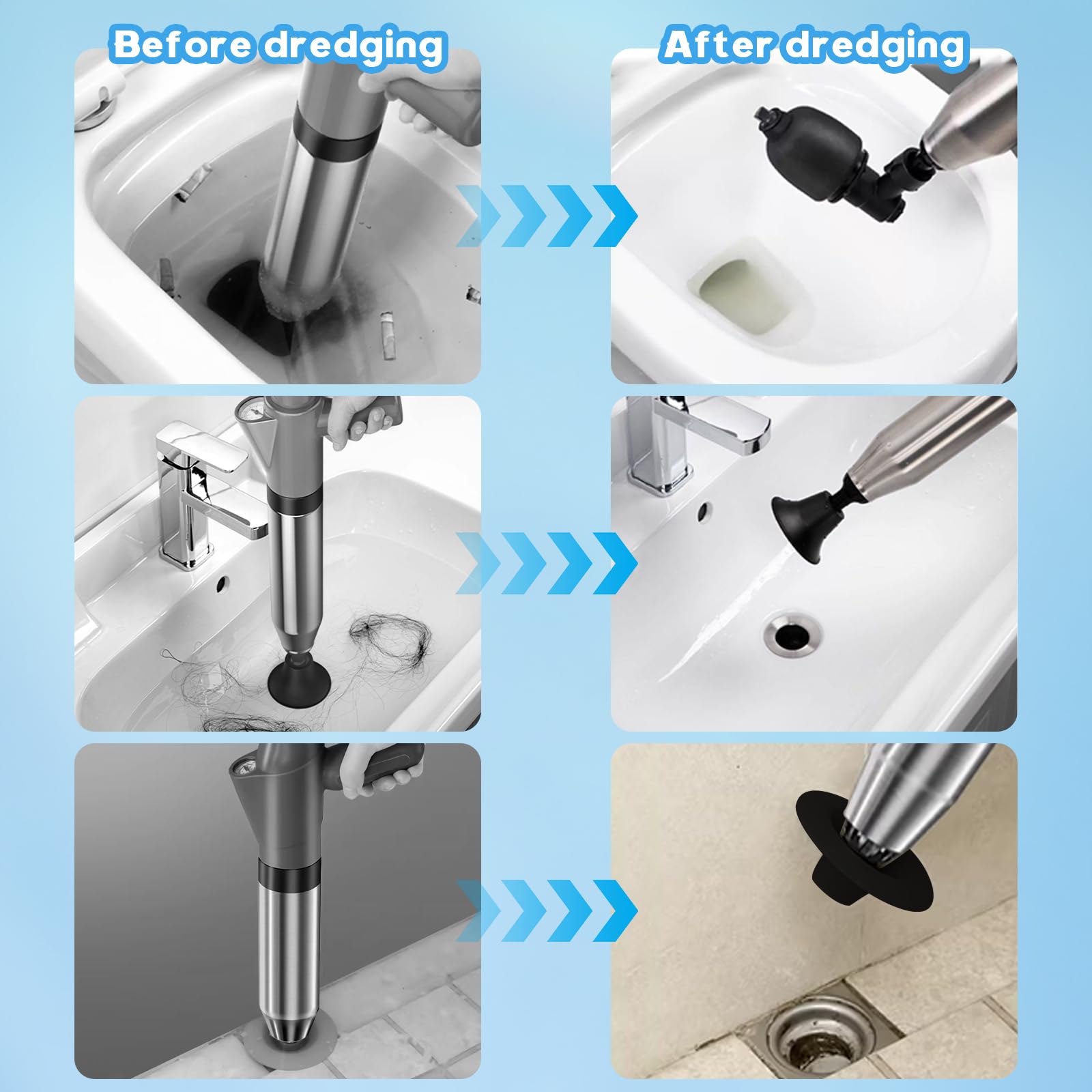 ZhouWei Deboucheur WC Piston à Pompe Haute, Deboucheur Toilette Canalisation avec Baromètre et Têtes Remplaçables Kit de Débouchage Haute Pression, pour l'évier Déboucher Cuisine Salle Bain