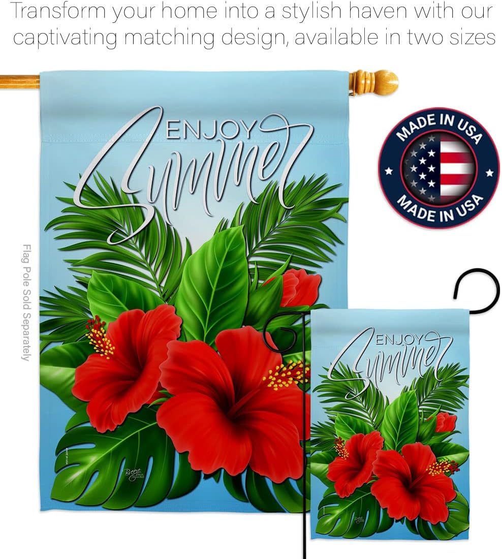 Breeze Decor Enjoy Hibiscus Garden House Flag Set Coastal Tropical Ocean Beach Seashells Pineapple Outdoor Summer Aloha Decoration Banner Small Yard Gift Double-Sided, Made in USA