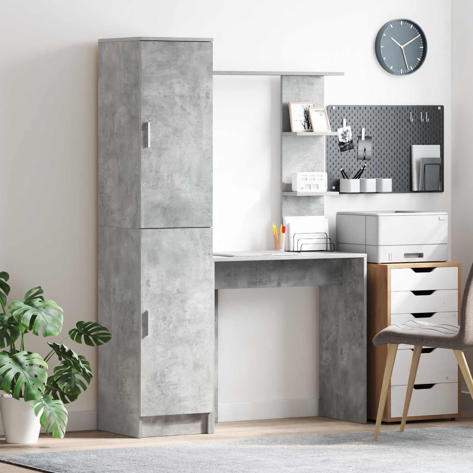 Scrivania in legno grigio cemento con ripiano e ante a cerniera, 113,5 x 39 x 168 cm, postazione di lavoro per ufficio, casa, computer, laptop, ripiano e spazio per riporre oggetti