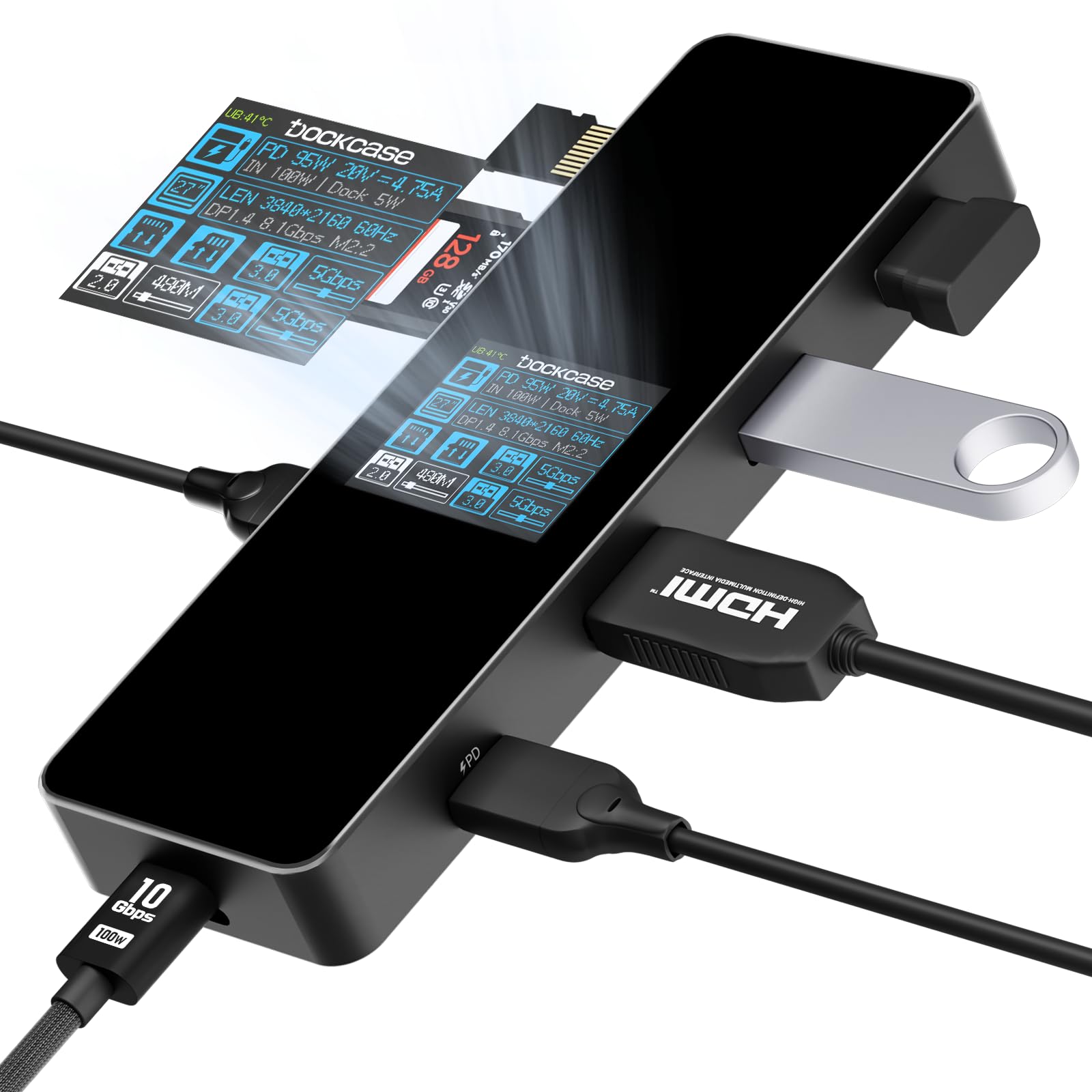 DOCKCASE Smart Hub USB C (7 en 1 con pantalla HD) con HDMI 4K@60Hz, Power Delivery (PD) 100W, 3 USB-A 3.0 puertos, lector de tarjetas SD/TF, adaptador USB C compatible con MacBook Pro/Air, Dell XPS