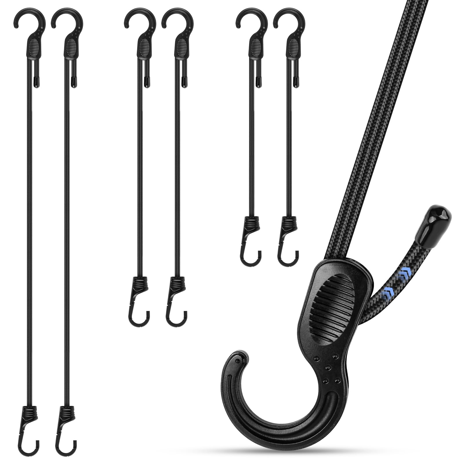 Bungee Cords with Hooks, 6 PCS Freely Adjustable Length Bungee Straps, Multi-purpose Elastic Straps with Hooks - Ideal for Outdoor Camping