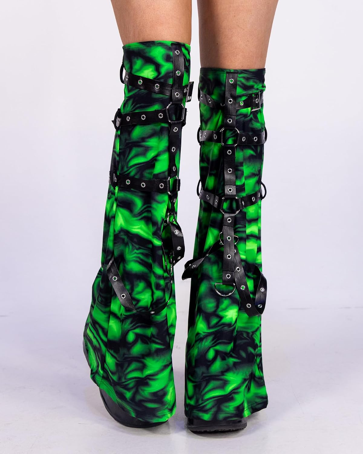 Hypno Haze Unisex Strap Leg Warmers | Green & Black Faux Leather Strap Flare Leg Sleeves for Rave, Festival, Dance & Party Wear | One Size Fits Many | Comfortable & Stylish Accessory