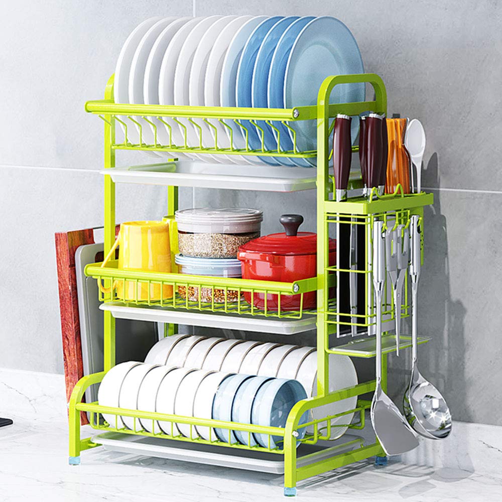 Escurreplatos negro/verde con bandeja de goteo, organizador de fregadero de cocina de 3 niveles, con soporte para tablas de cortar, portavasos, cubiertos y verde (negro)