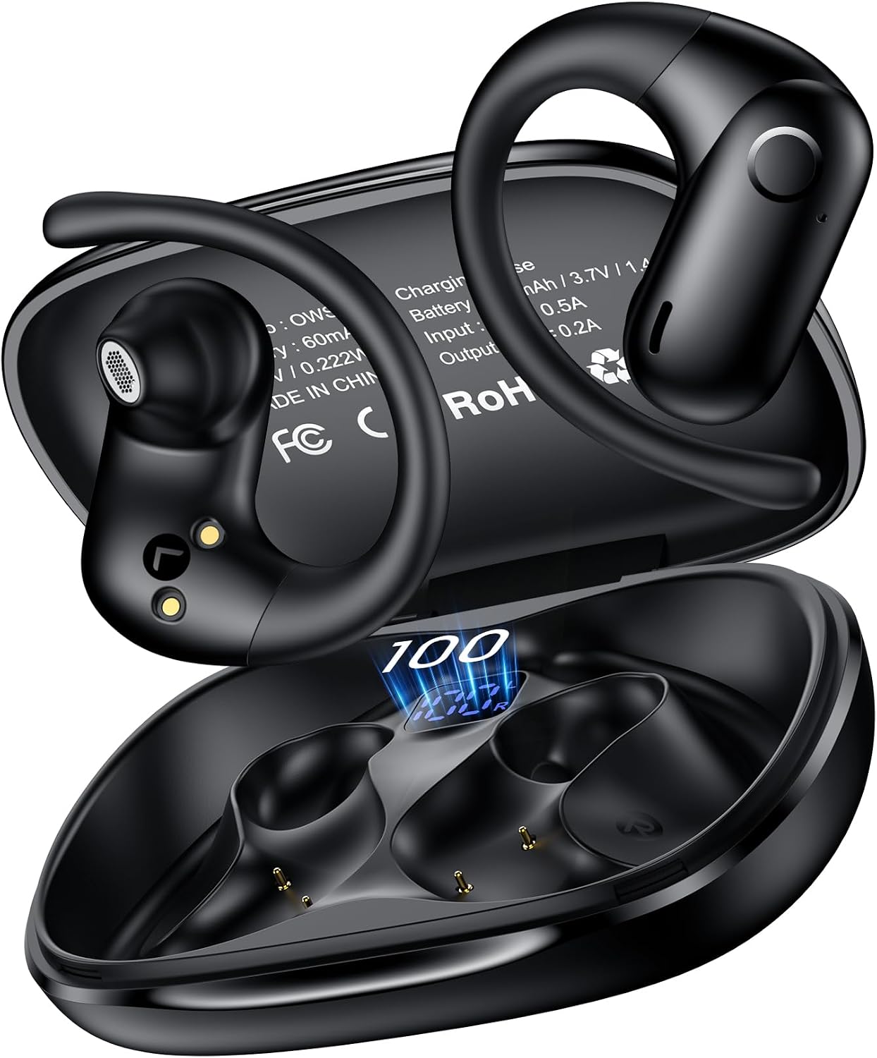 kurdene Open-Ear Headphones, Digital Display Wireless Earbuds Ear Hooks