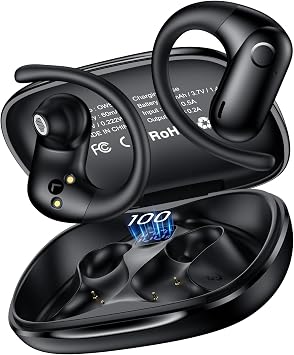 kurdene Open-Ear Headphones, Digital Display Wireless Earbuds with Ear Hooks, Ultra-Comfort, Snug Fit, Powerful Sound, Clear Calls, 42H Playtime, Bluetooth 5.4 for Office, Outdoor Use-Black
