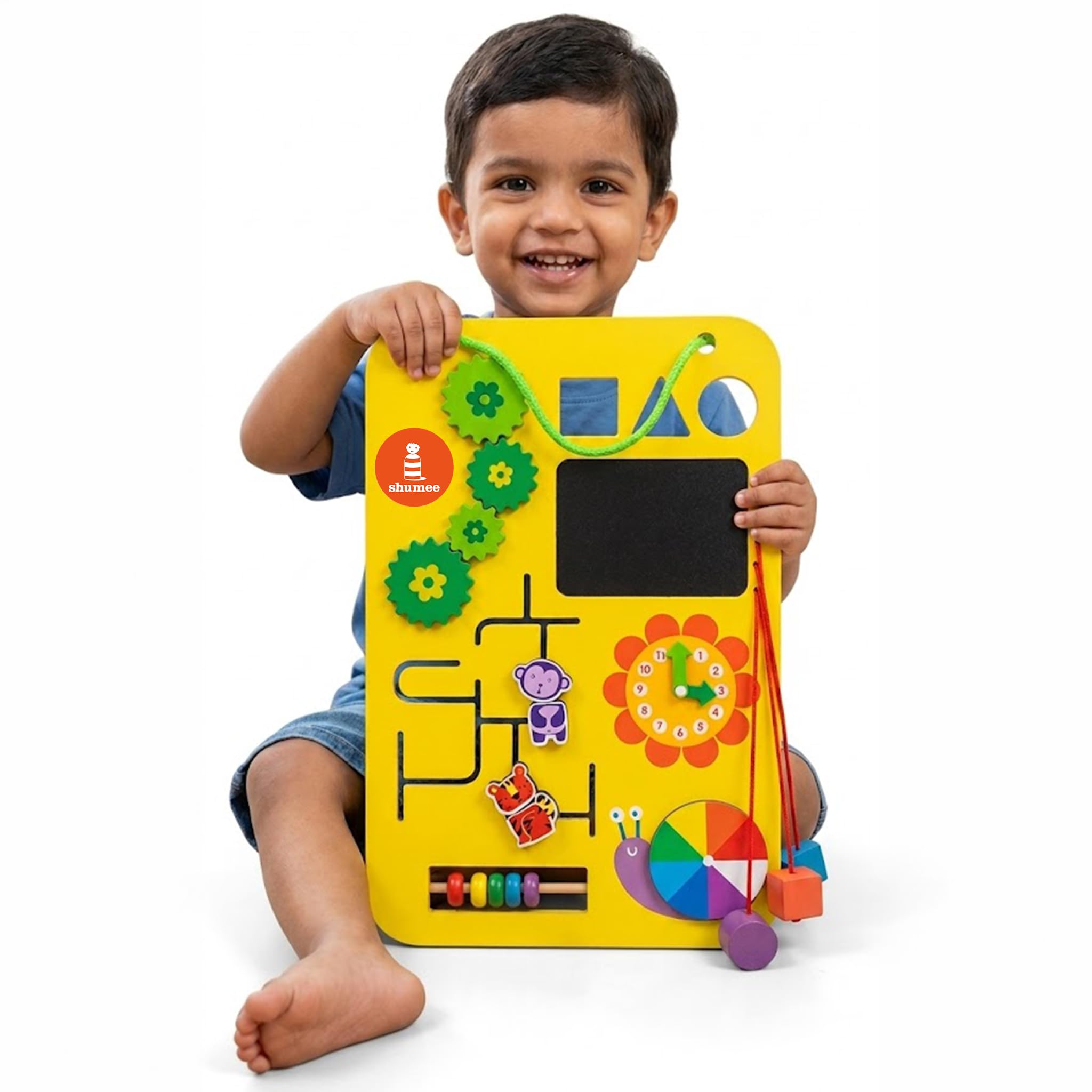 Shumee Montessori Activity Panel for Toddlers 1-5 Years | 7 in 1 Wooden Busy Board with Moving Gears, Shape Sorter & Chalk Board | Fine Motor Skills Learning Toy | Brain Development for Boys & Girls-image-49