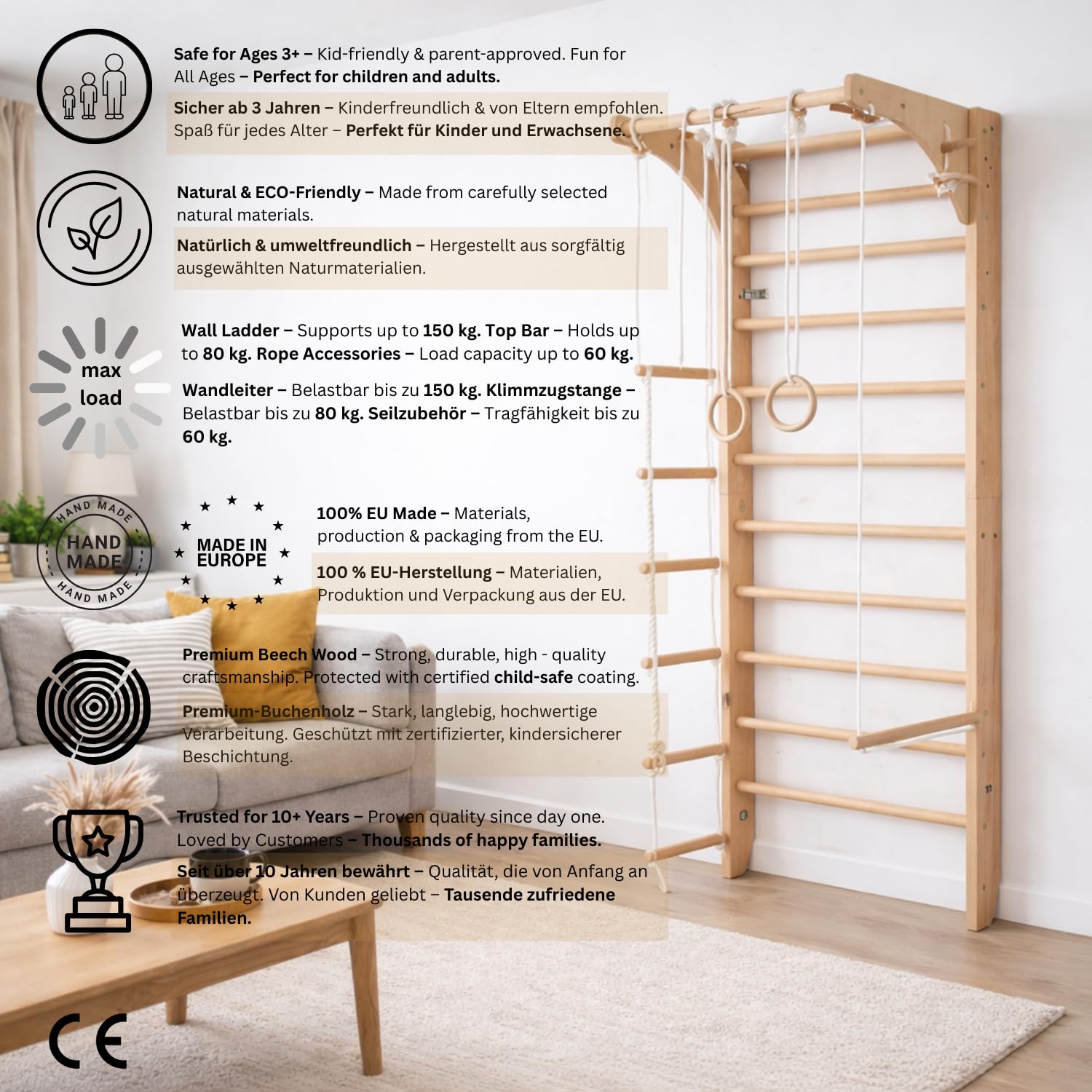 Turnwand Gym Klettergerüst Kombi-2-240 Sportgerät, Kletterwand, Holz, Turnwand, Sprossenwand, EU-Warenlager, Zertifikat!