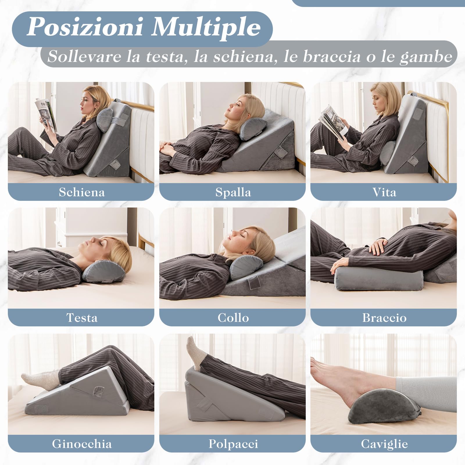 COSTWAY Set di 3 Cuscini a Cuneo per Letto, Cuscino Inclinabile Regolabile con Schiuma Memory Air, Set di Cuscini Alleviare il Dolore alla Schiena (Grigio)