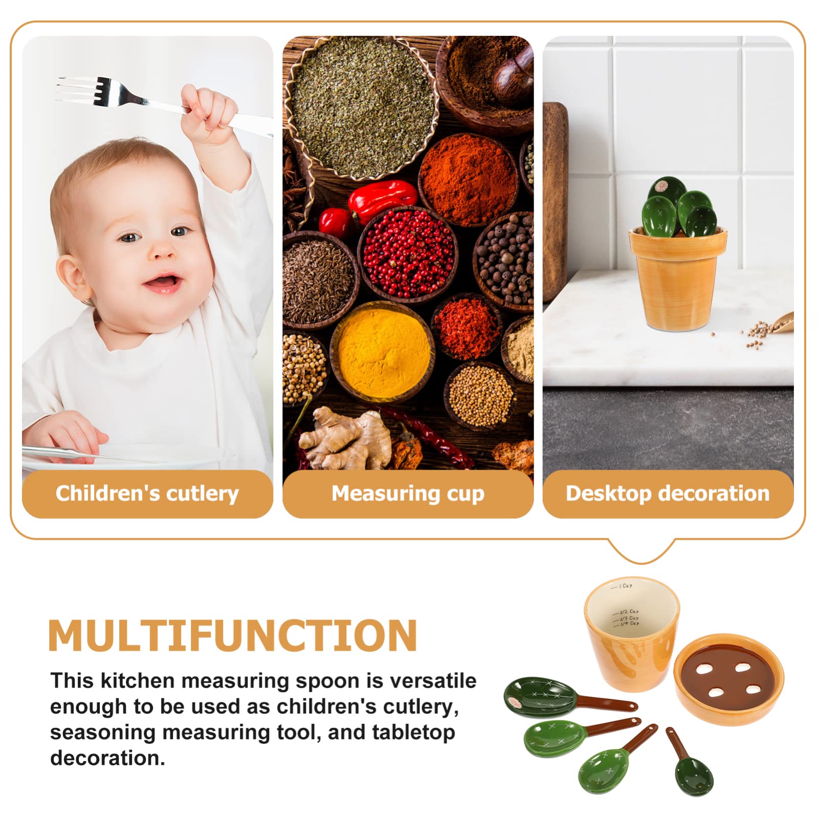 BESTYASH Juego de Cucharas Medidoras y Base Naranja de Cerámica Forma de Cactus Utensilios de Cocina Prácticos Capacidad 290ml y Ahorrar Espacio para Hornear
