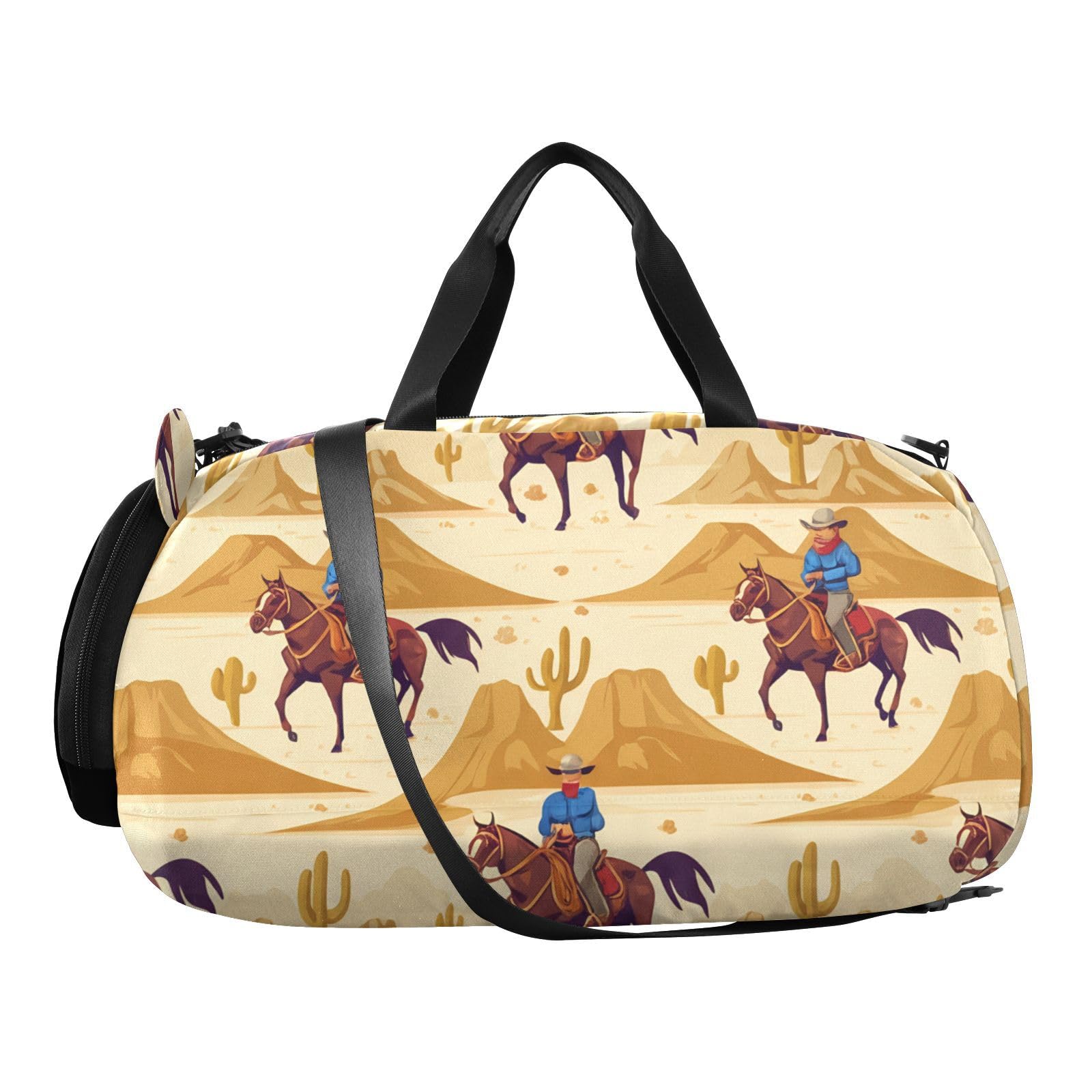 Flradish Cowboy Rides A Horse Across The Desert Kids Overnight Duffle Bag,Gymnastics Sports Dance Bag with Shoe Compartment & Wet Pocket, Travel Weekender Tote for Boys & Girls