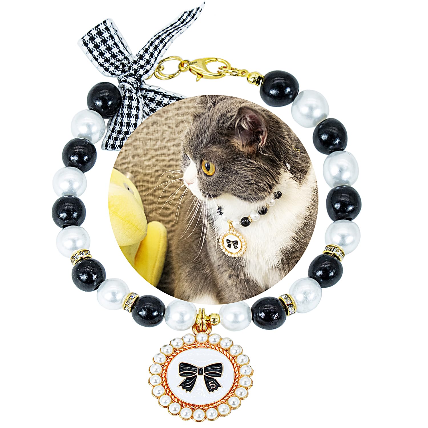 SM4BED Dog Cat Collar Pearl Necklace, White and Black Beads with Cute Bowknot Pendant and Golden Beads, Adjustable Small Pet Jewelry for Chihuahua Yorkie, S 8.6IN