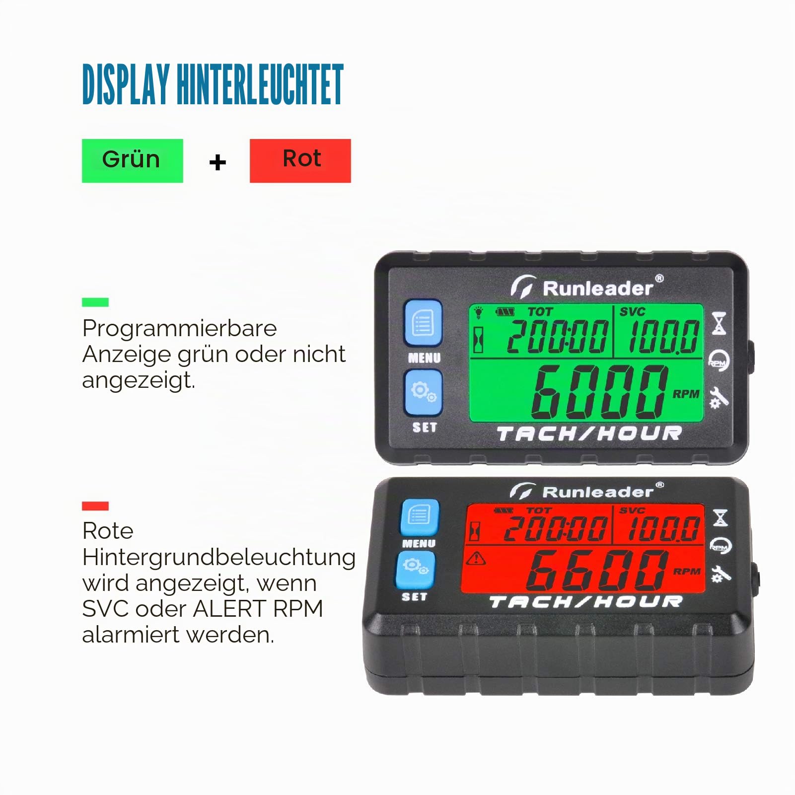 Runleader Betriebsstundenzähler Drehzahlmesser,Wartungsstundenzähler,Alarm-RPM-Erinnerung, mehrfarbiges Display mit Hintergrundbeleuchtung,Anfangsstunden einstellbar,Wasserdicht Blau