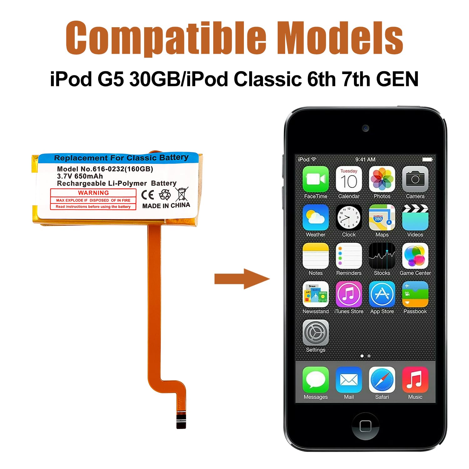 Duotipa Replacement Battery 616-0232 Compatible with iPod 5th 6th 7th Generation Video Classic Battery with Repair Tools Kit