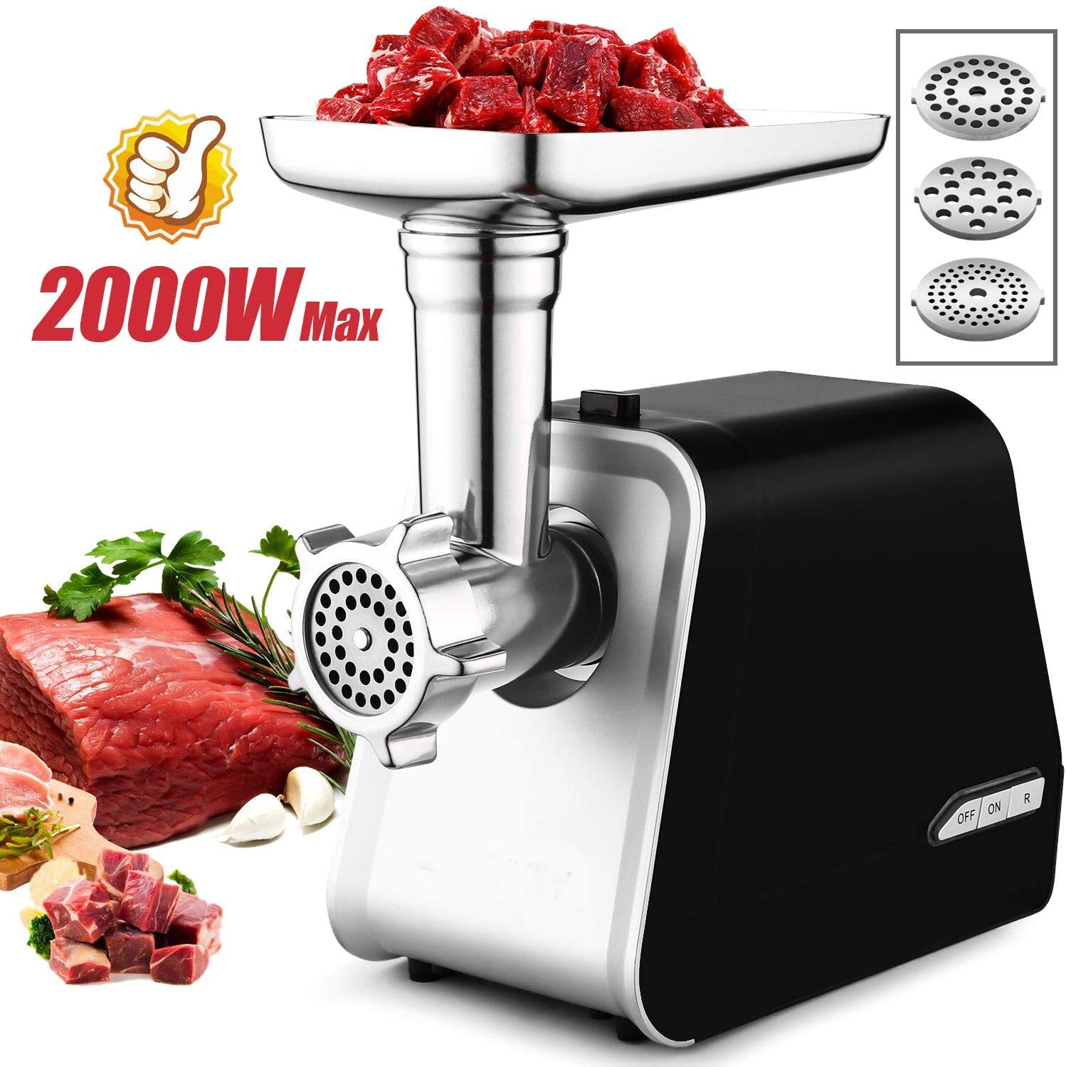 Picadora de carne eléctrica profesional de 2000 W, con relleno de salchichas y accesorio para galletas, máquina de embutidos, máquina de carne con 3 discos perforados para carne picada, mett y