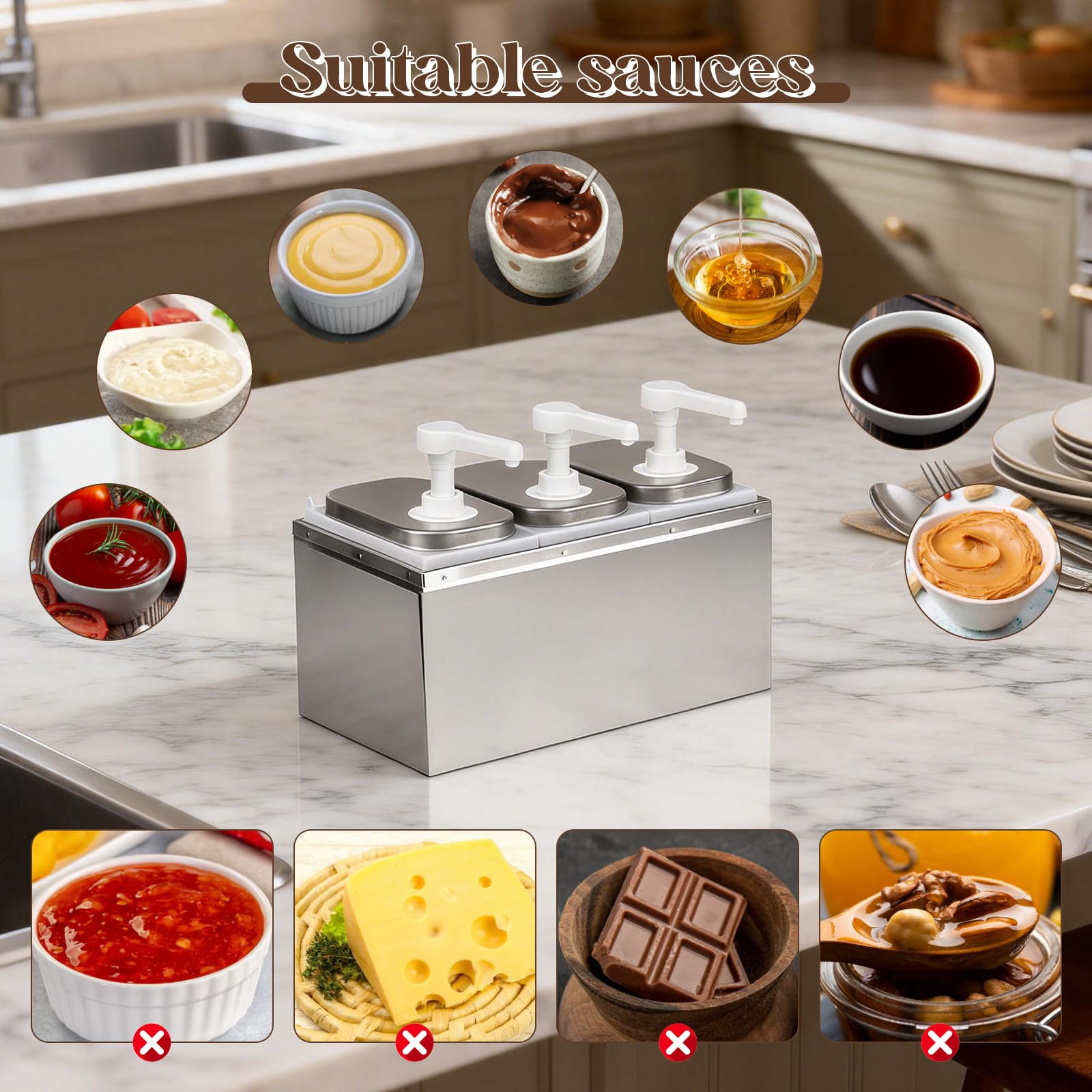 Dispenser per salse da 6 l, con 6 pompe girevoli a 360°, erogatore per salse, in acciaio inox 304, ideale per condimenti per insalata, senape, miele, marmellata, salsa al cioccolato