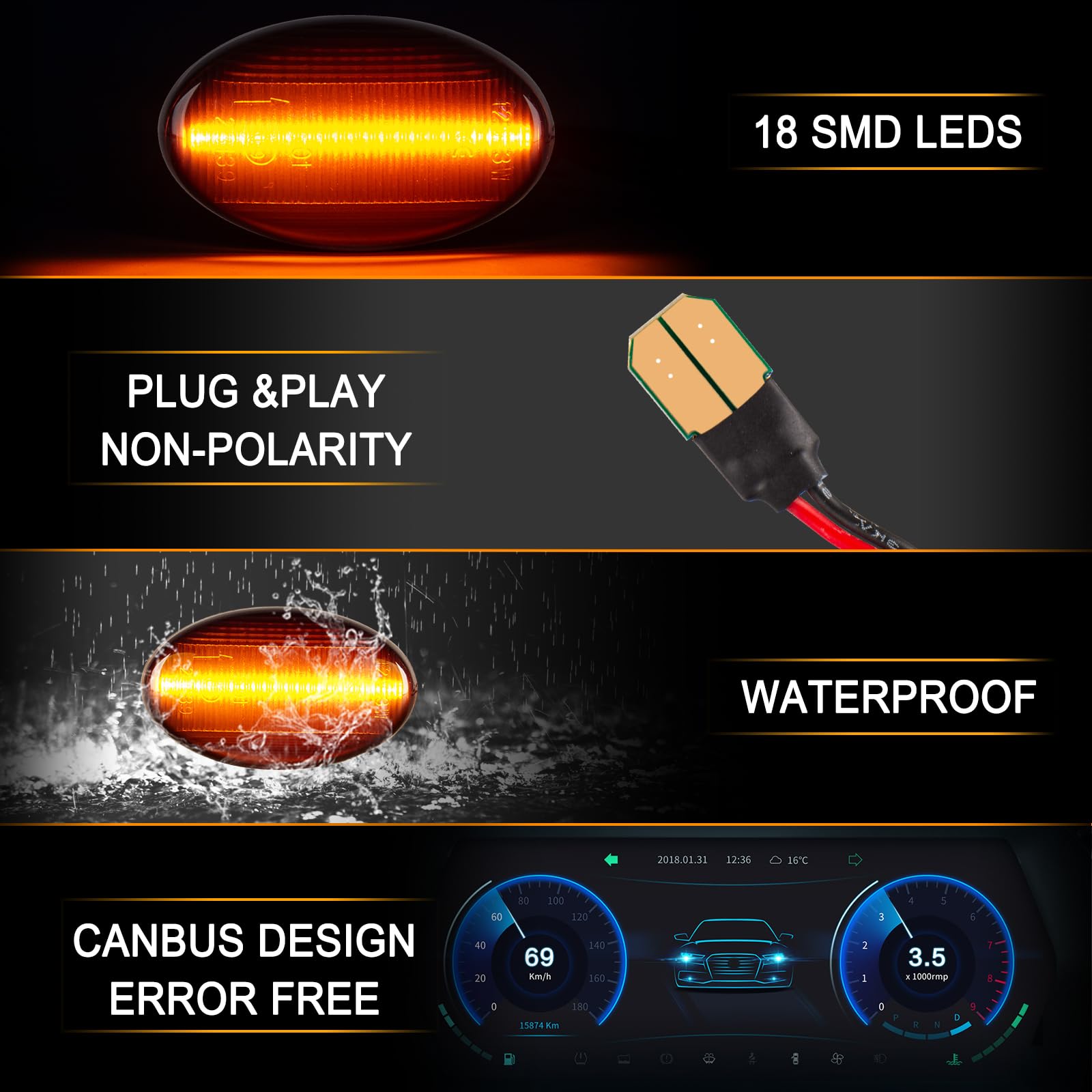 2 Stücke LED Blinker Seitenblinker für Mercedes-Benz Smart W450 W452 A-Class W168 Citan W415 Vito W639 W447, Blinker mit Canbus Fehlerfrei, Schwarz