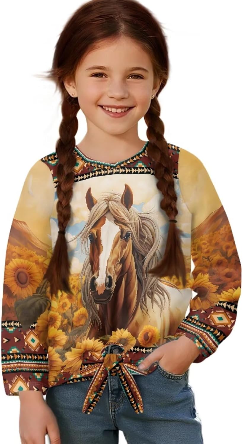 WELLFLYHOM Shirt for Girls 5-12T Long Sleeve T-shirt Front Knot Graphic Tunic Top Active Sweatshirts Pullover Tees