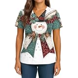 UOFOCO Womens Christmas Scurb Tops Short Sleeve V Neck Festival Print Nurse Uniforms Soft Comfort Holiday Party Workwear