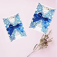 Vista 7 de 50 invitaciones de boda azules en polvo azul cortado con láser con sobres de hoja interior en blanco y cintas para boda, compromiso, despedida