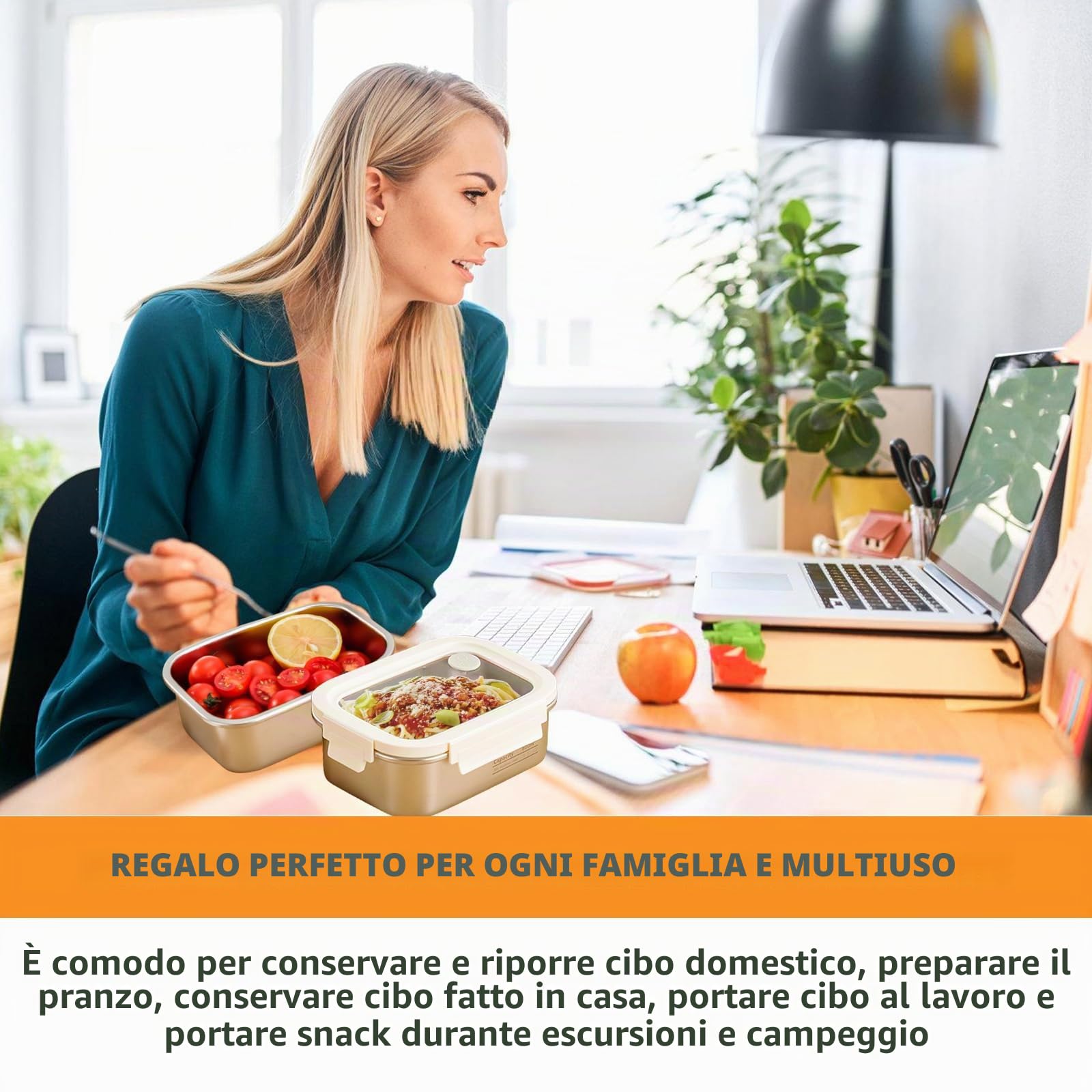 PORFOYO Set di 3 contenitori salvafreschezza con coperchio, 800 ml/1150 ml/1400 ml, in acciaio inox con coperchio trasparente, ermetici e a prova di perdite