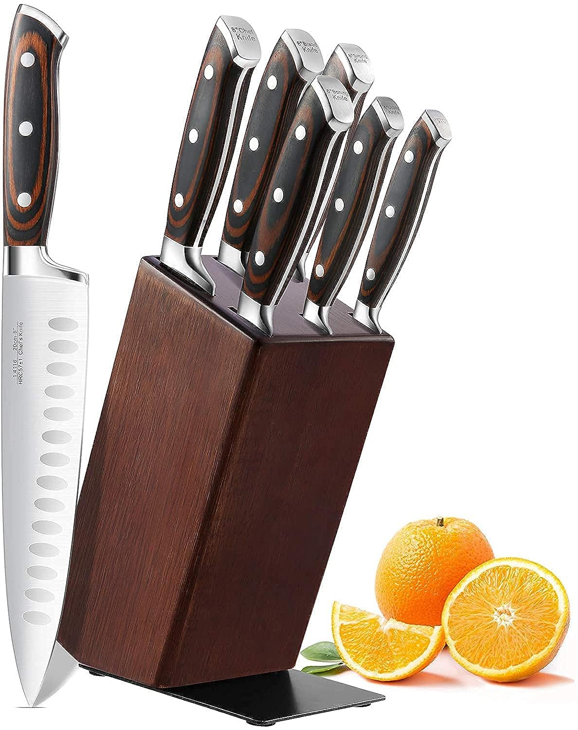 Knife Sets with Block, 7 pcs Professional German 1.4116 Stainless Steel Blade Chef Knife set with Pakka Wood Handle, Brown