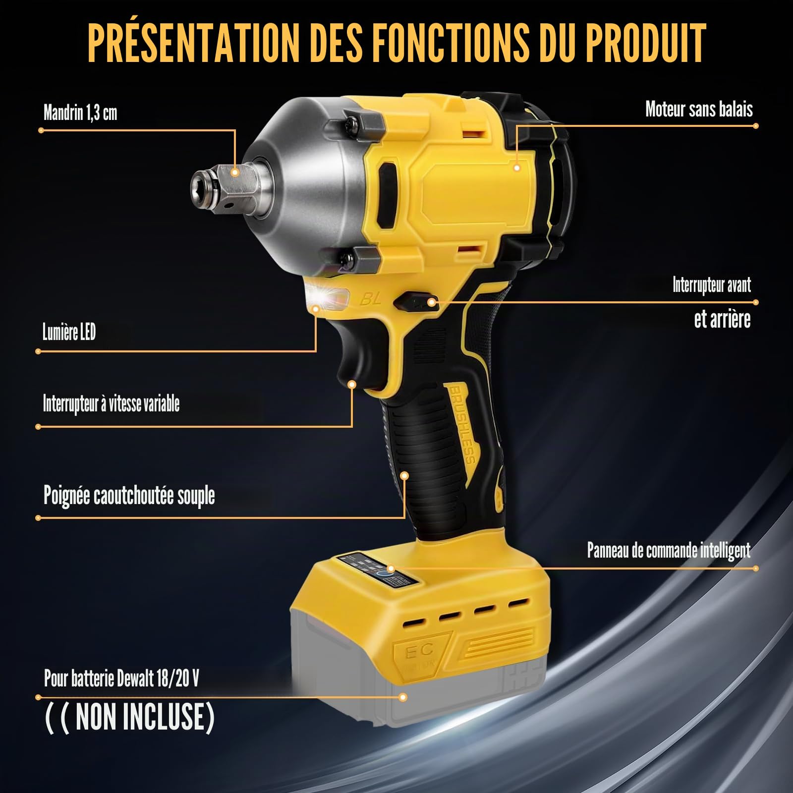 JAOGAUS Cordless Impact Wrench, 600Nm 1/2 Inch Brushless Impact Gun | Compatible with Dewalt 18 V/20 V, Visseuse à Choc Électrique 3 Vitesses et 12 Accessoires pour Changement de Pneus de Voiture
