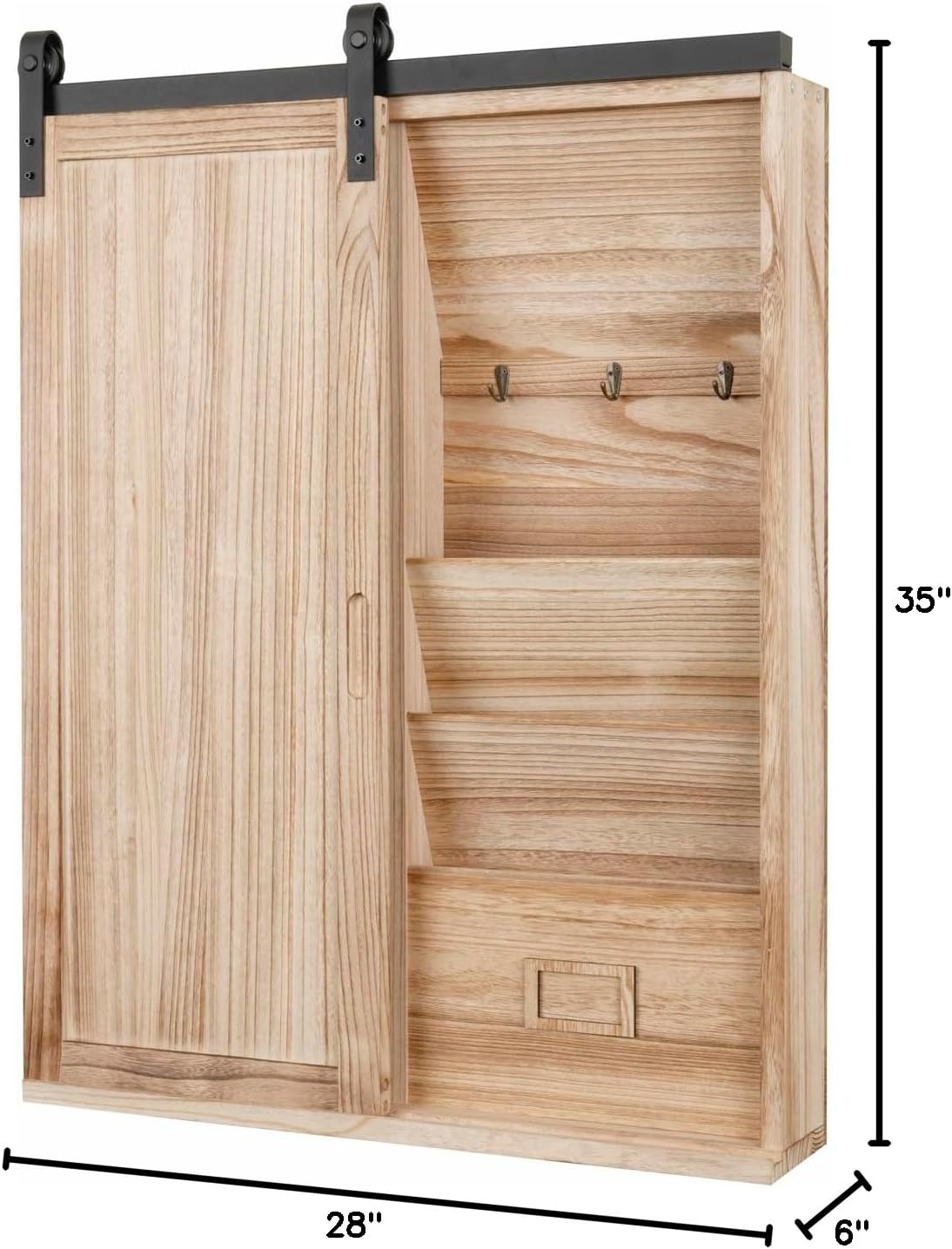 HomeStock Elegant Escape Solid Wood Barn Door Style Wall Organizer with Corkboard and Letter and Key Storage in Distressed Natural Finish