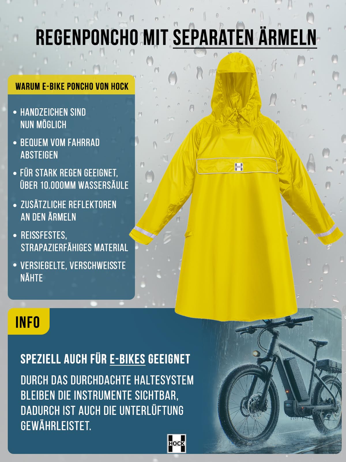 HOCK Poncho antipioggia per bici elettrica premium con maniche per bicicletta ed e-bike, impermeabile al 100%, Giallo, L